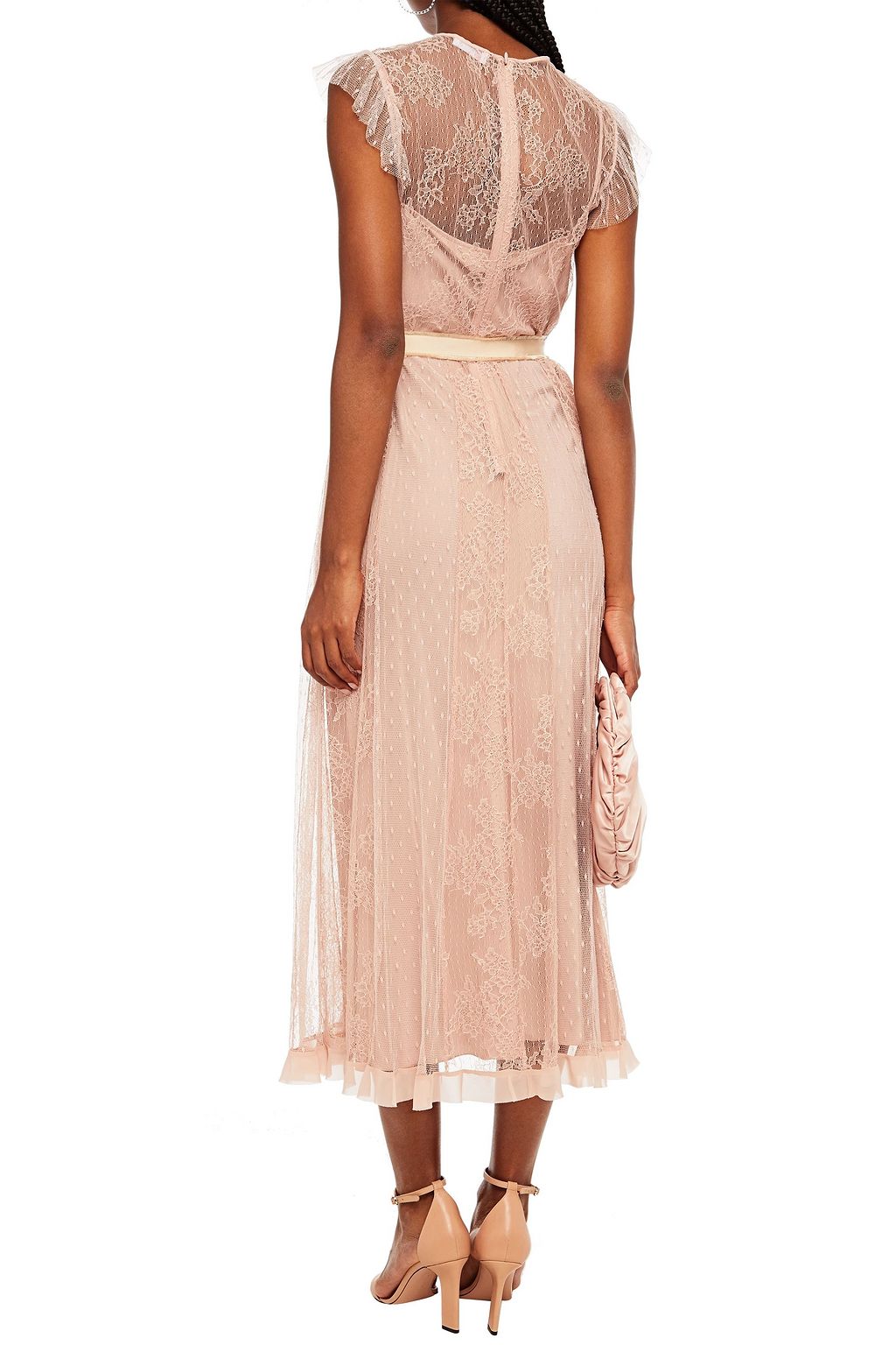 REDVALENTINO Lace-paneled belted point d'esprit midi dress