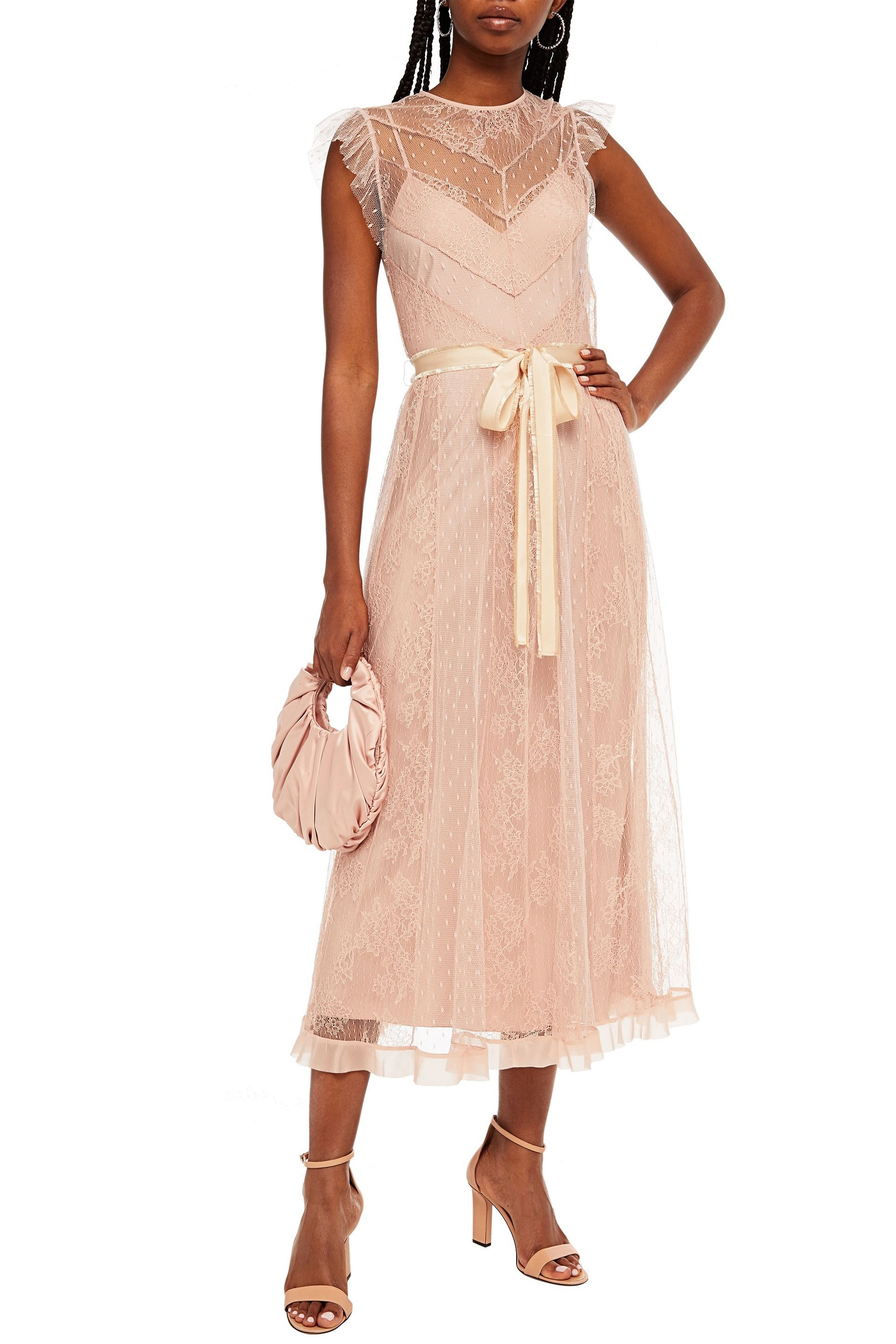 REDValentino Lace-paneled belted point d'esprit midi dress