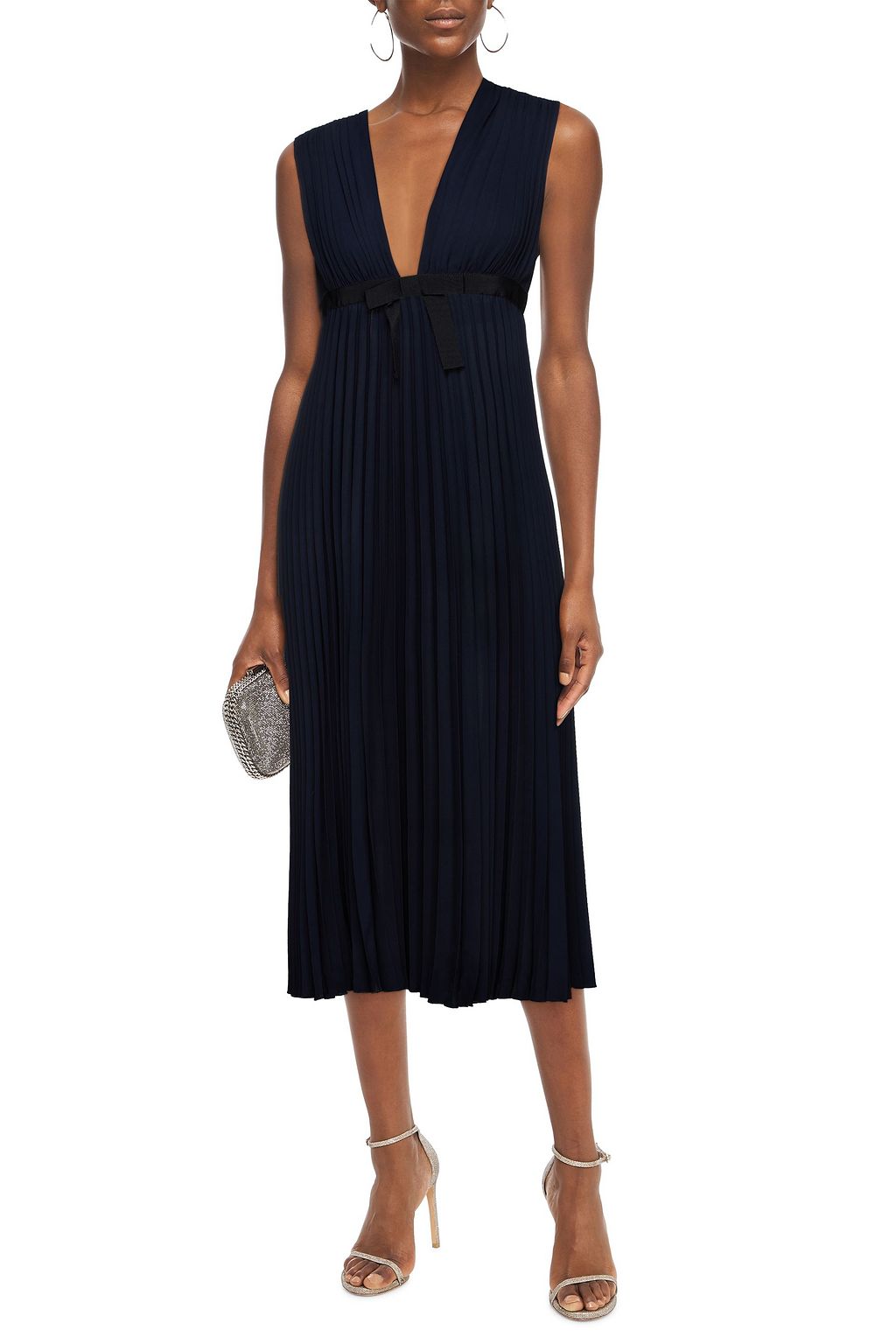 REDVALENTINO Bow-embellished pleated crepe midi dress
