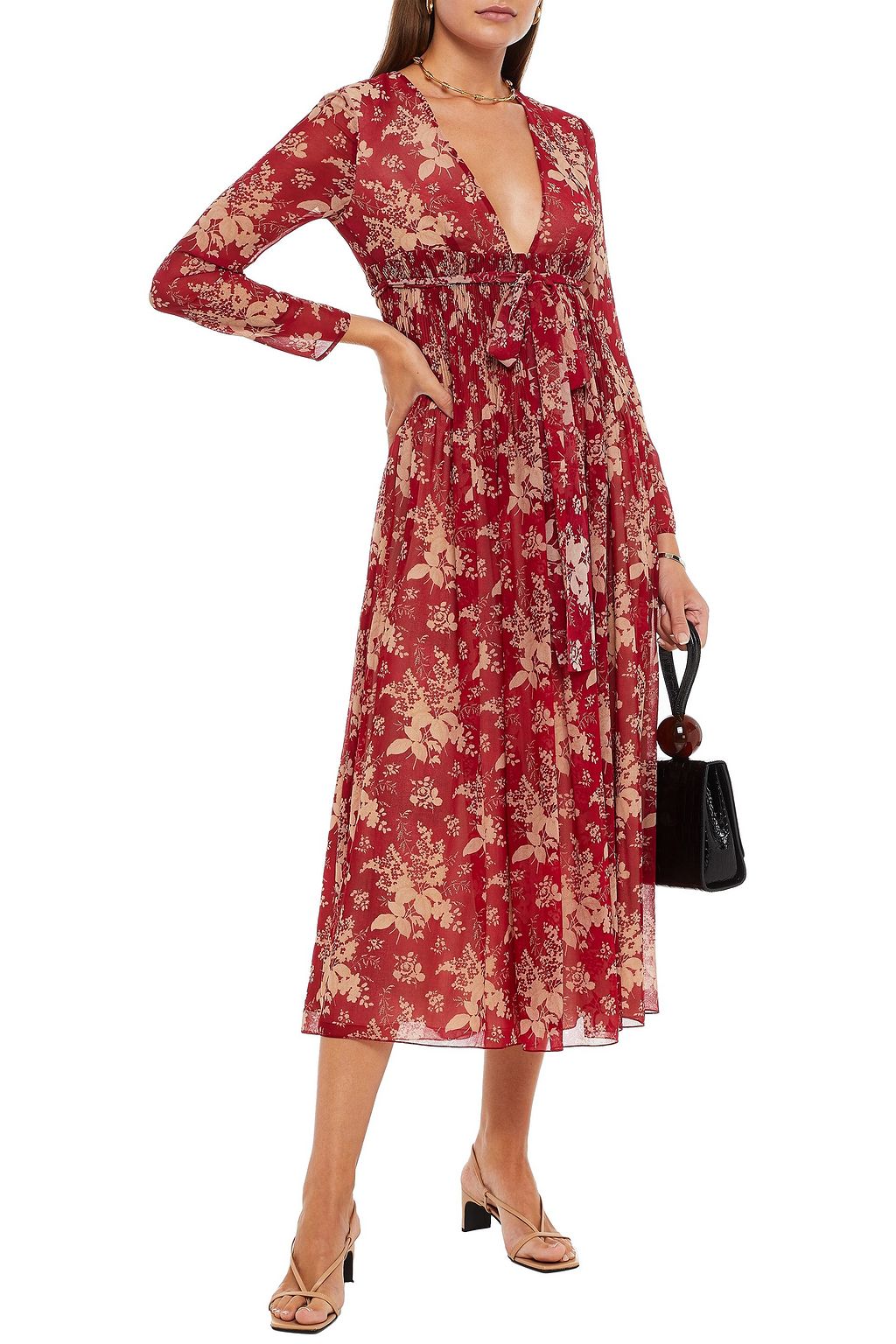 REDVALENTINO Pleated floral-print georgette midi dress