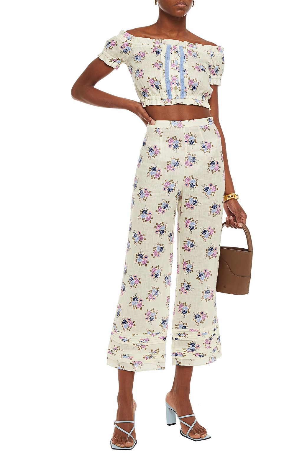 PALOMA BLUE Harley off-the-shoulder cropped floral-print linen top