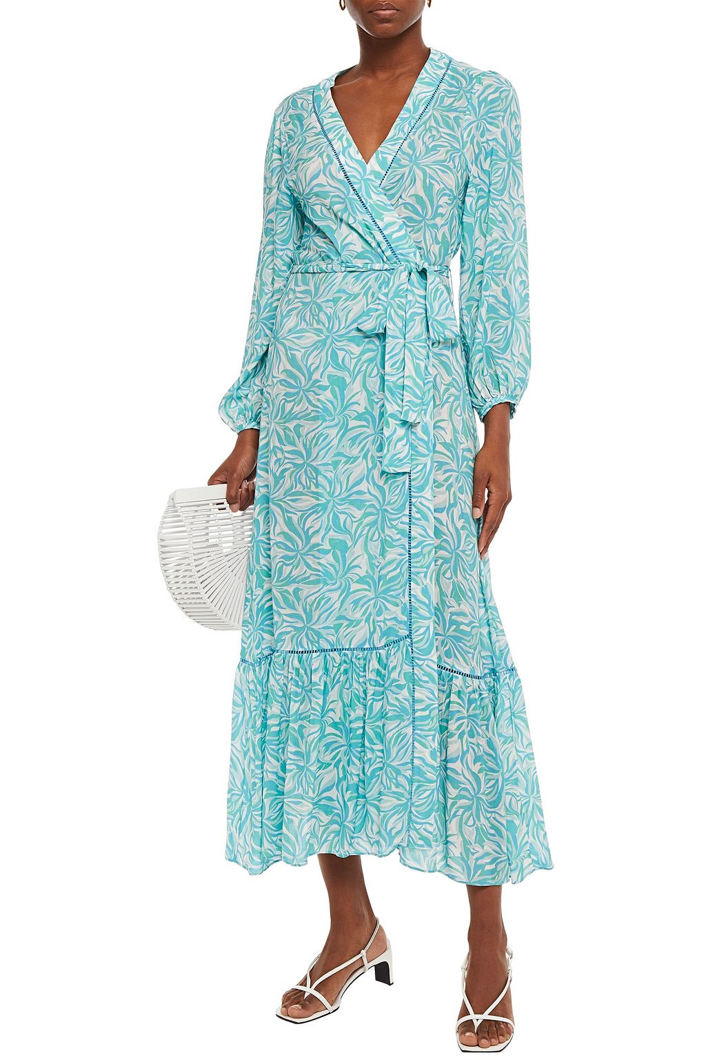 PALOMA BLUE Bowie lattice-trimmed printed woven maxi wrap dress