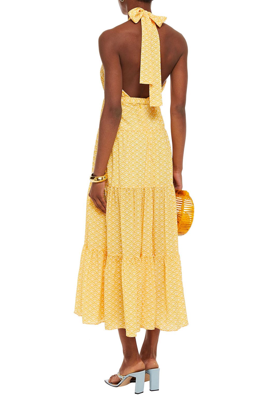PALOMA BLUE Octavia belted tiered printed crepe de chine halterneck midi dress