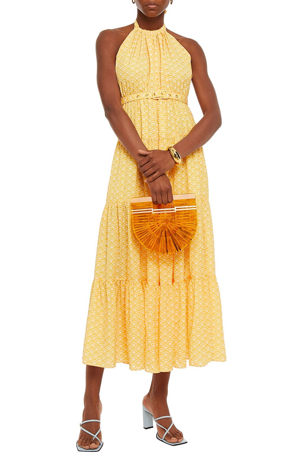PALOMA BLUE Octavia belted tiered printed crepe de chine halterneck midi dress