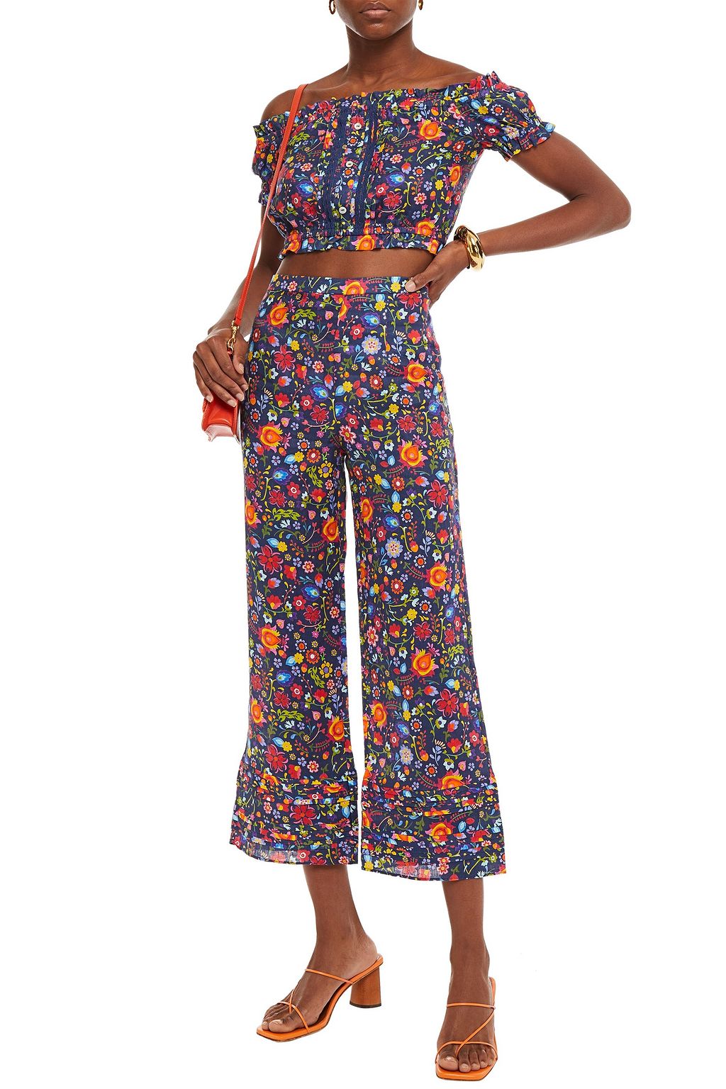 PALOMA BLUE Jade cropped floral-print linen wide-leg pants