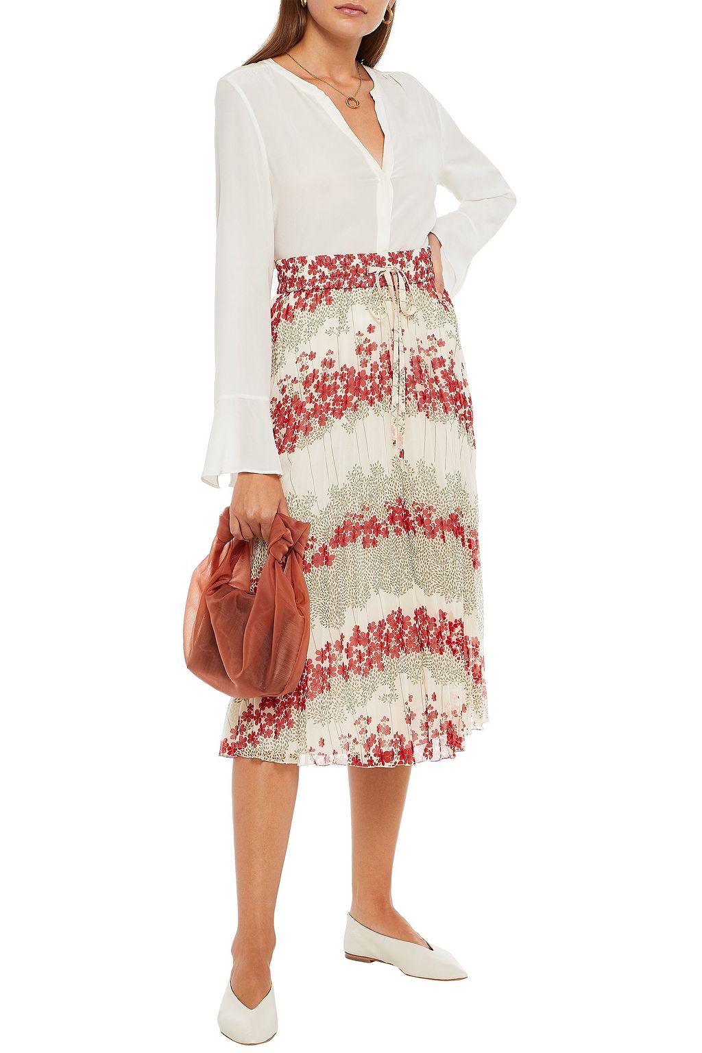REDVALENTINO Pleated floral-print georgette midi skirt