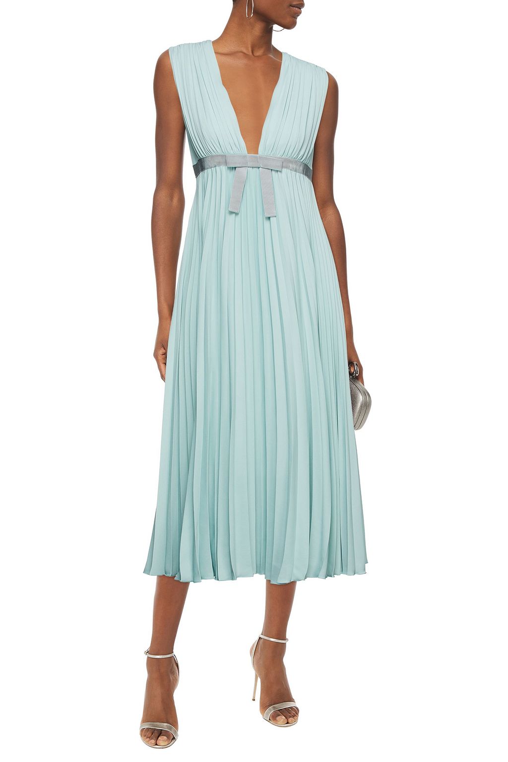REDVALENTINO Bow-embellished pleated crepe midi dress