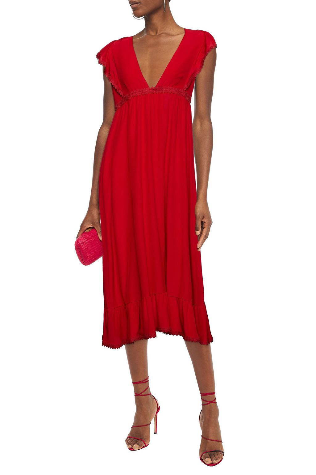 REDVALENTINO Ruffle-trimmed gathered silk crepe de chine midi dress