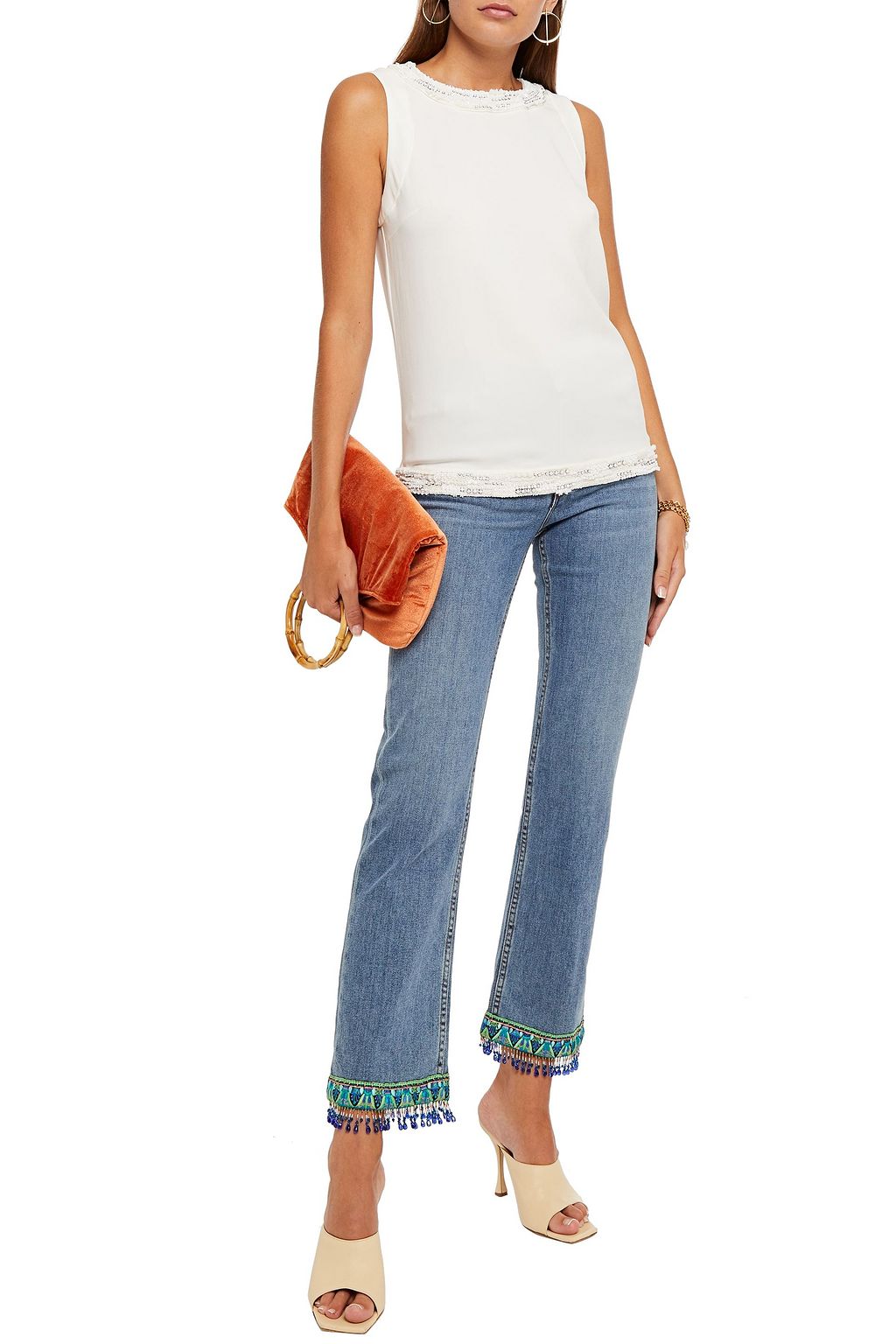 ETRO Embellished jacquard-trimmed mid-rise straight-leg jeans