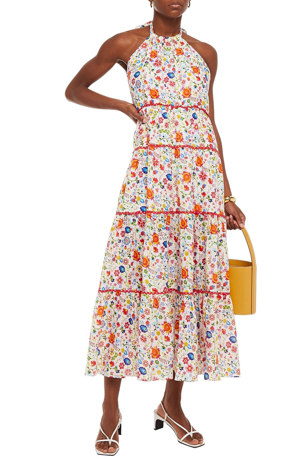 PALOMA BLUE India tiered floral-print linen halterneck midi dress