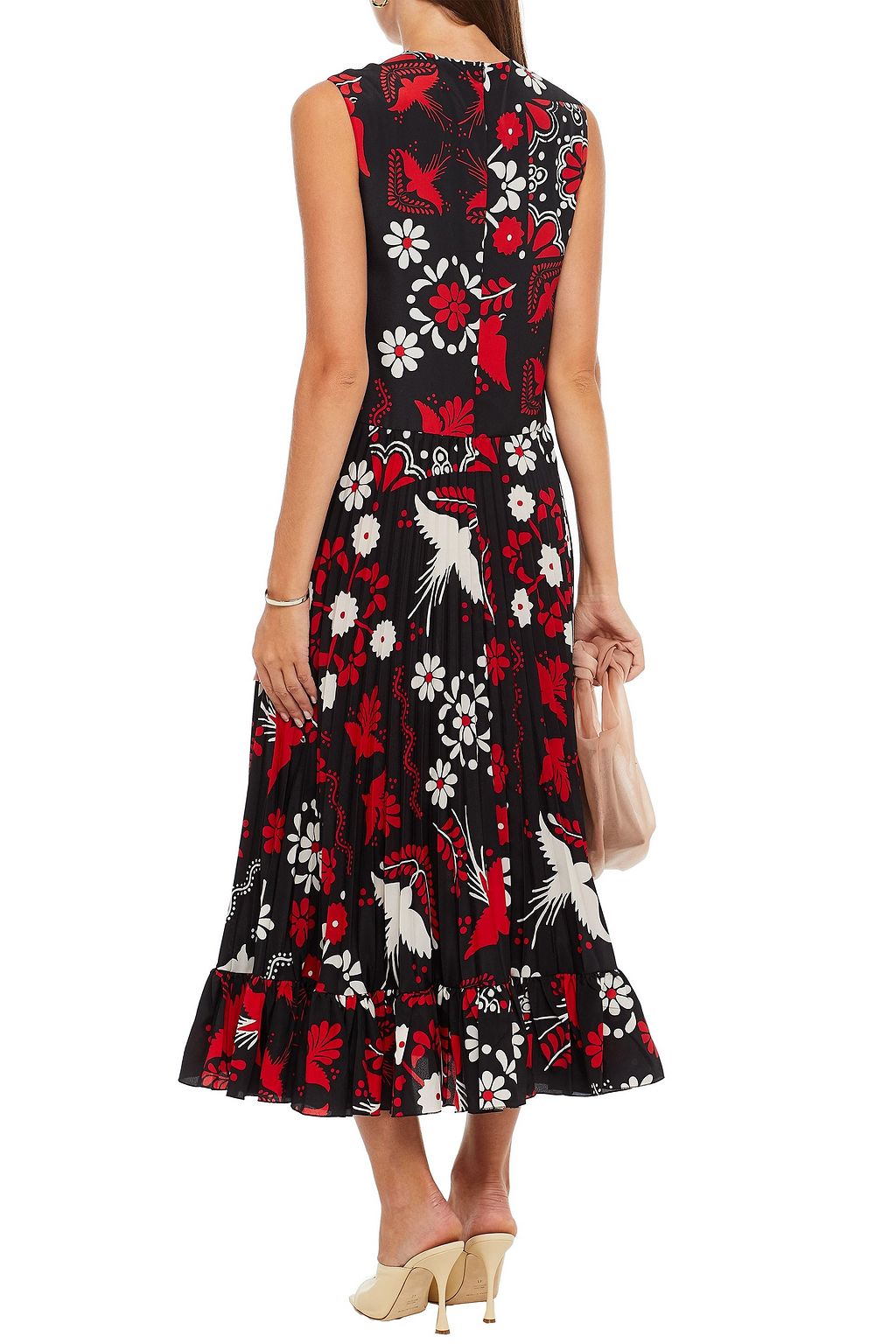 REDVALENTINO Pleated floral-print crepe de chine midi dress
