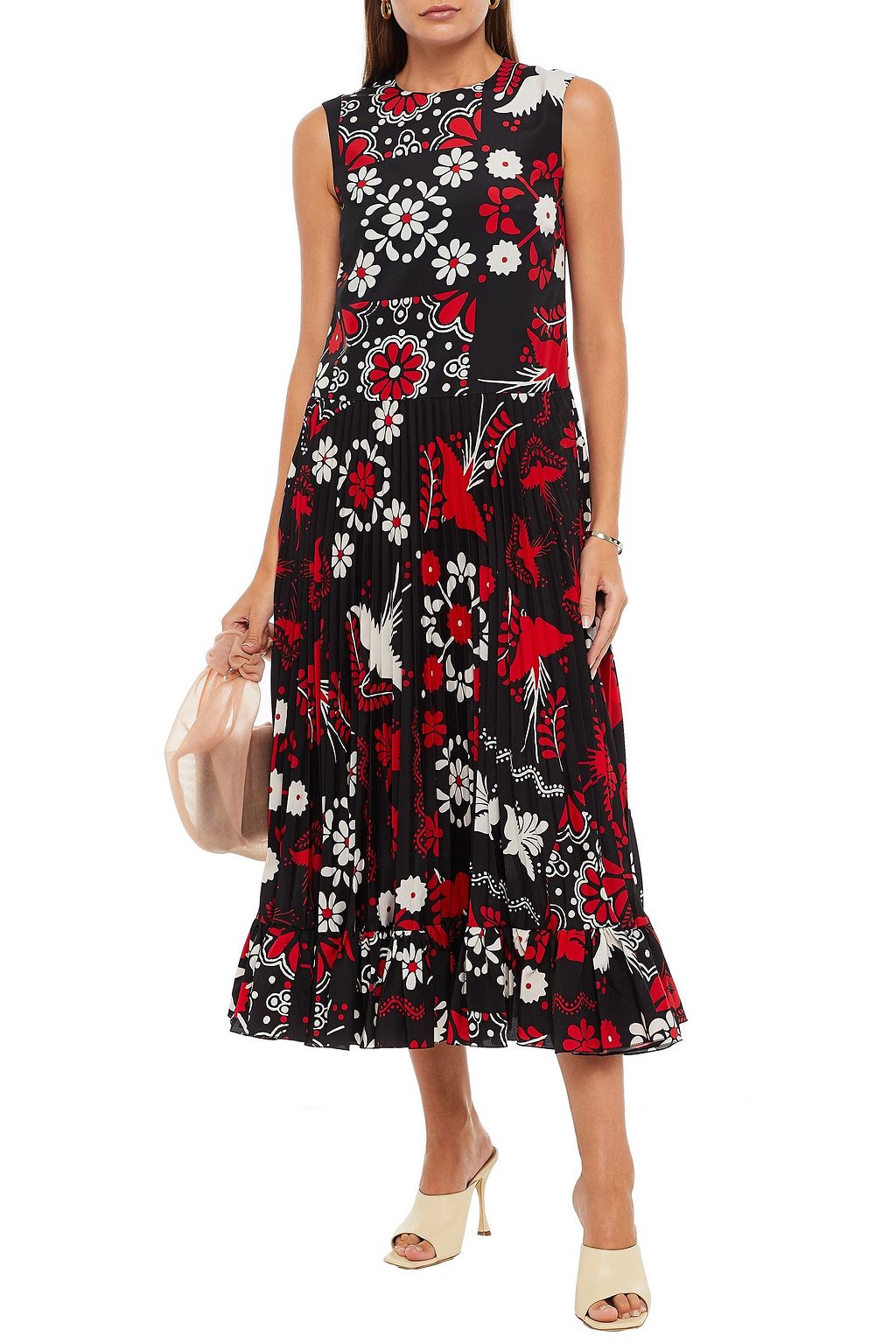 REDVALENTINO Pleated floral-print crepe de chine midi dress