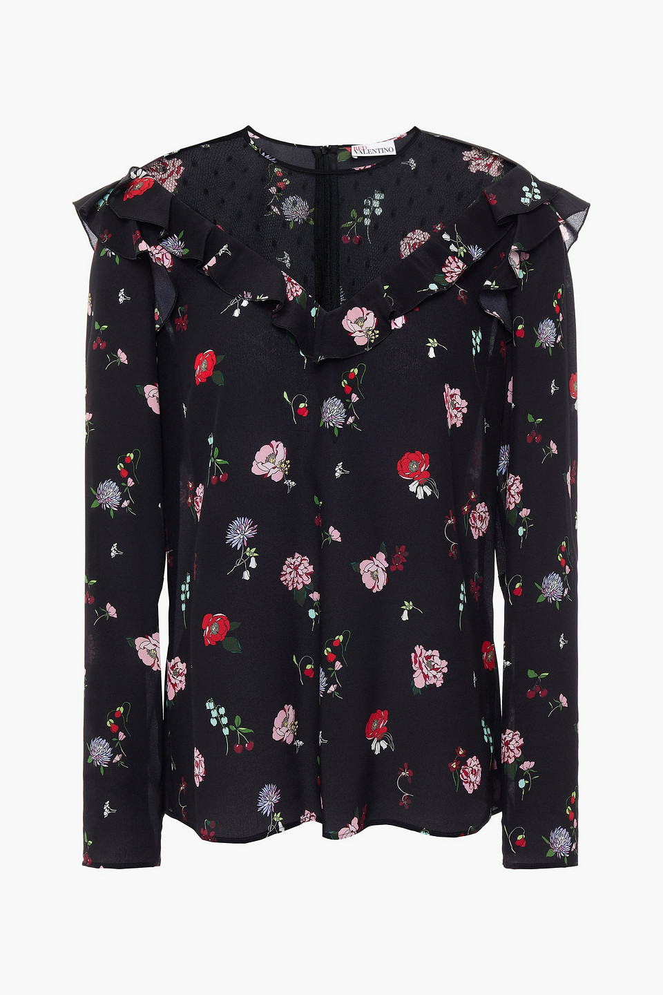 Redvalentino Woman Point D'esprit-paneled Floral-print Silk-satin Crepe Blouse Black Size 44