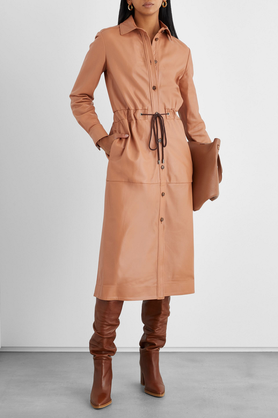 Iris & Ink Eugénie Leather Midi Shirt Dress In Tan