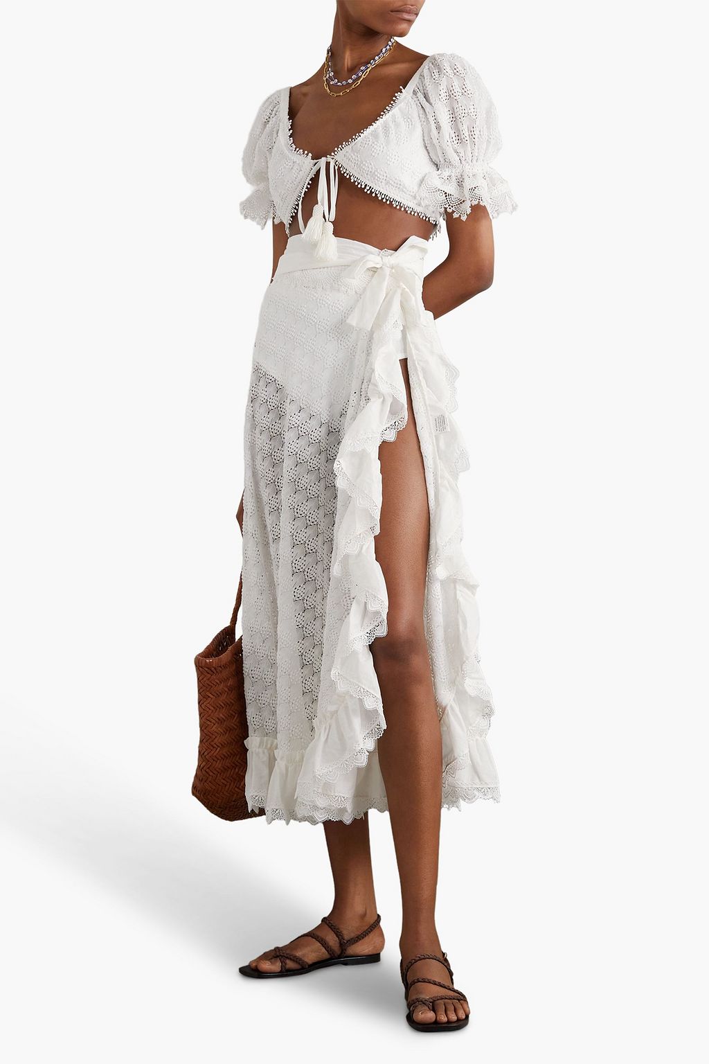 WAIMARI Janeiro cropped guipure lace-trimmed crochet-knit top