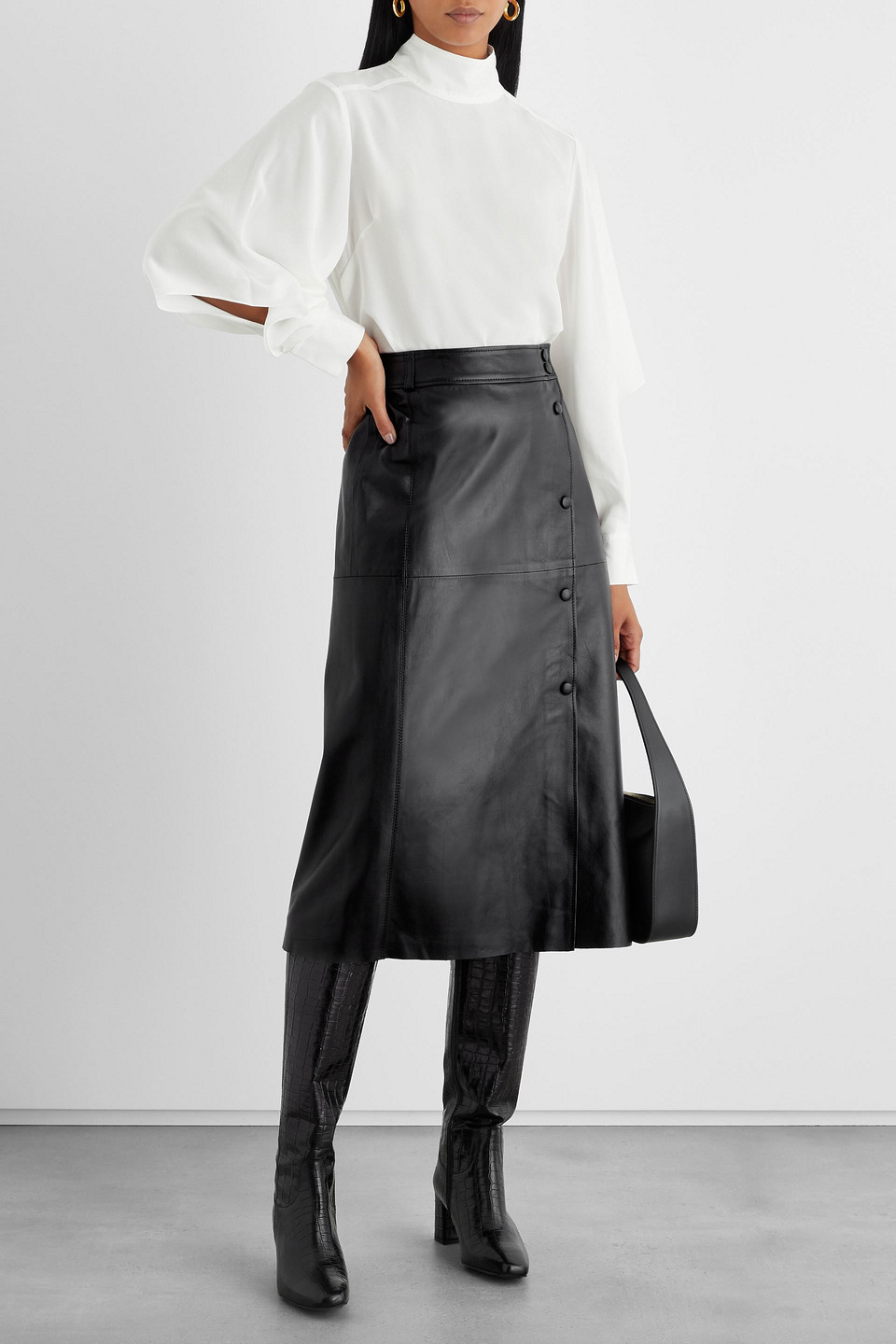 Iris & Ink Béatrice Wrap-effect Leather Midi Skirt In Black