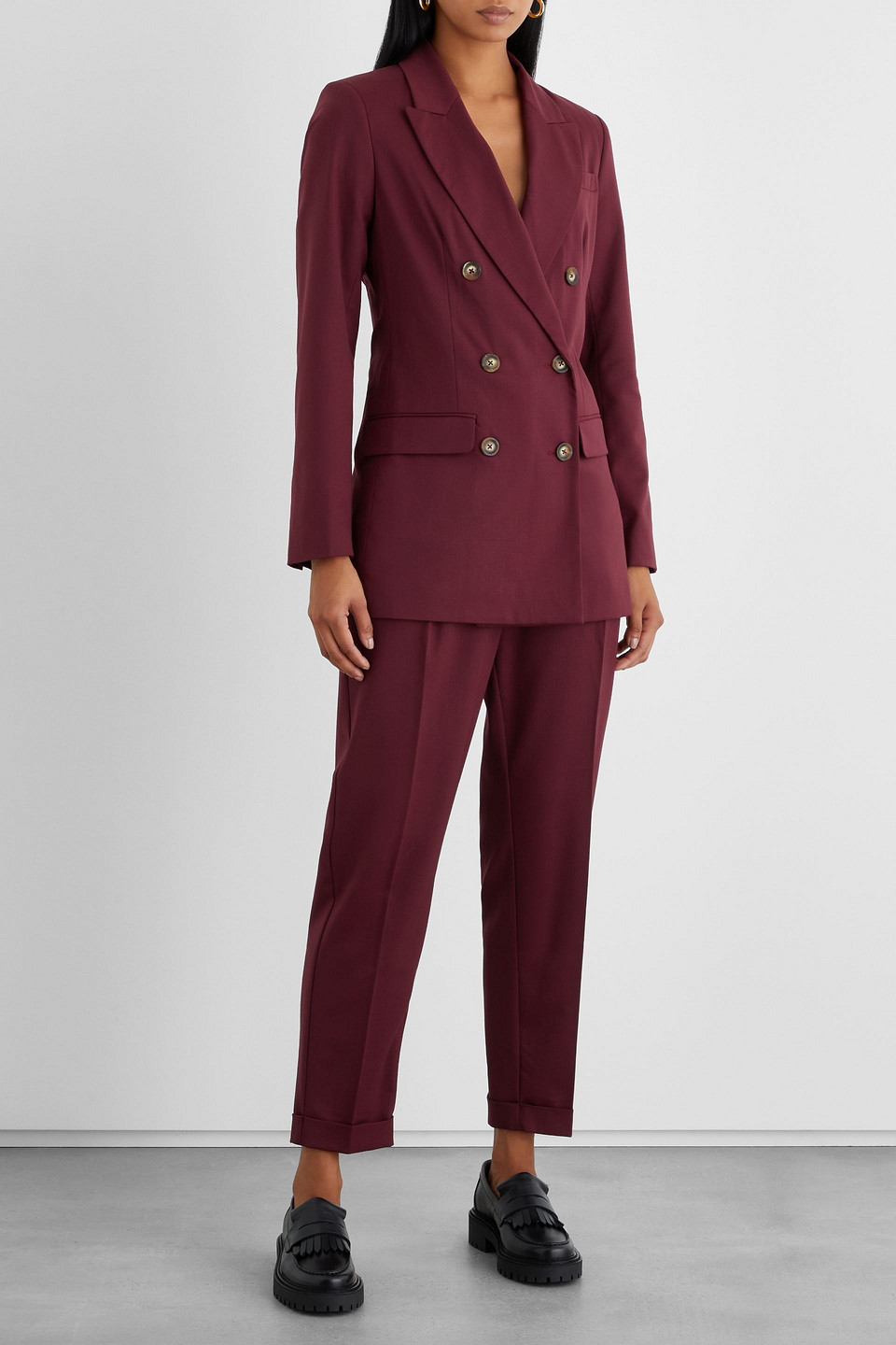 Iris & Ink Aurorette Cropped Twill Tapered Trousers In Burgundy