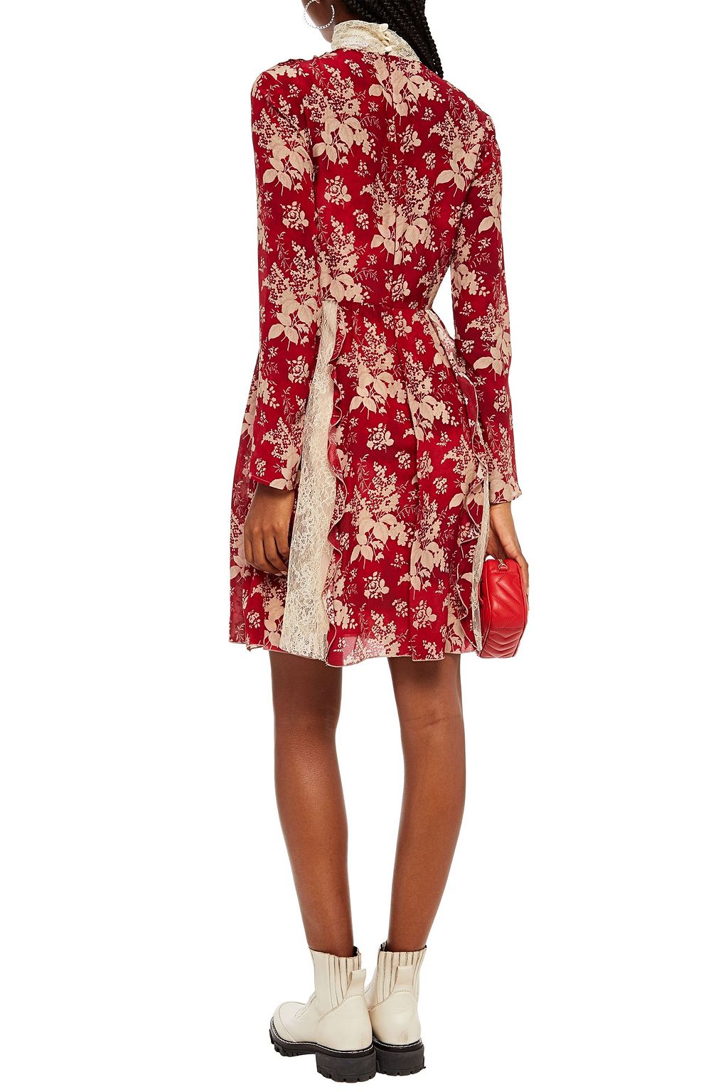 REDVALENTINO Lace-paneled floral-print silk crepe de chine mini dress