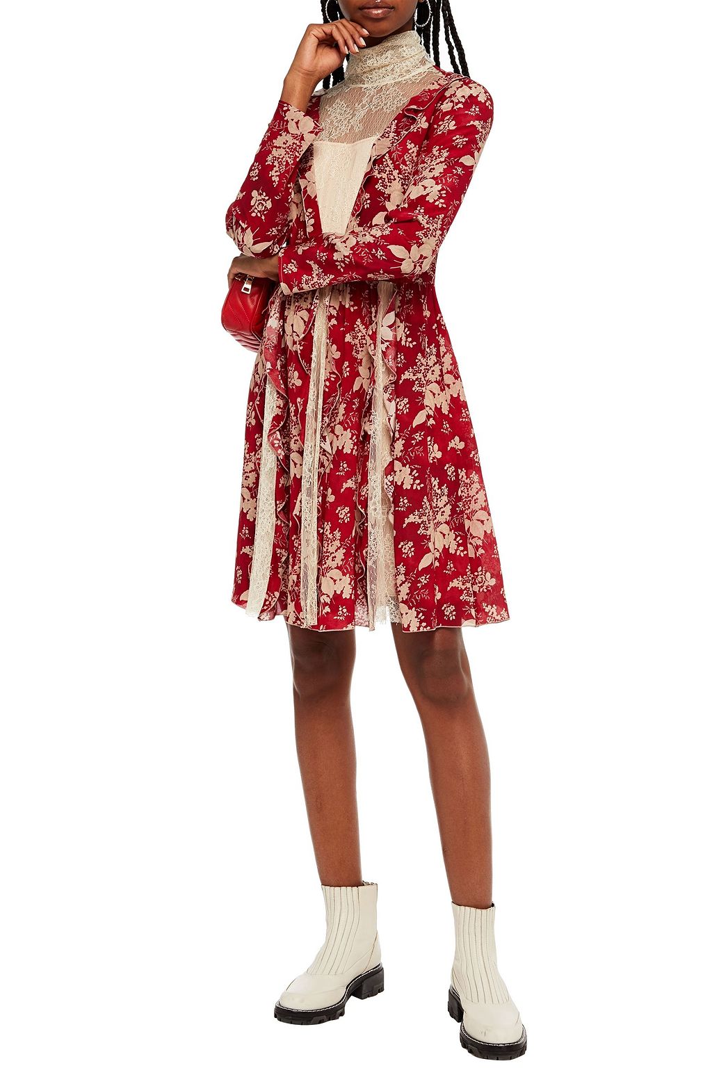 REDVALENTINO Lace-paneled floral-print silk crepe de chine mini dress