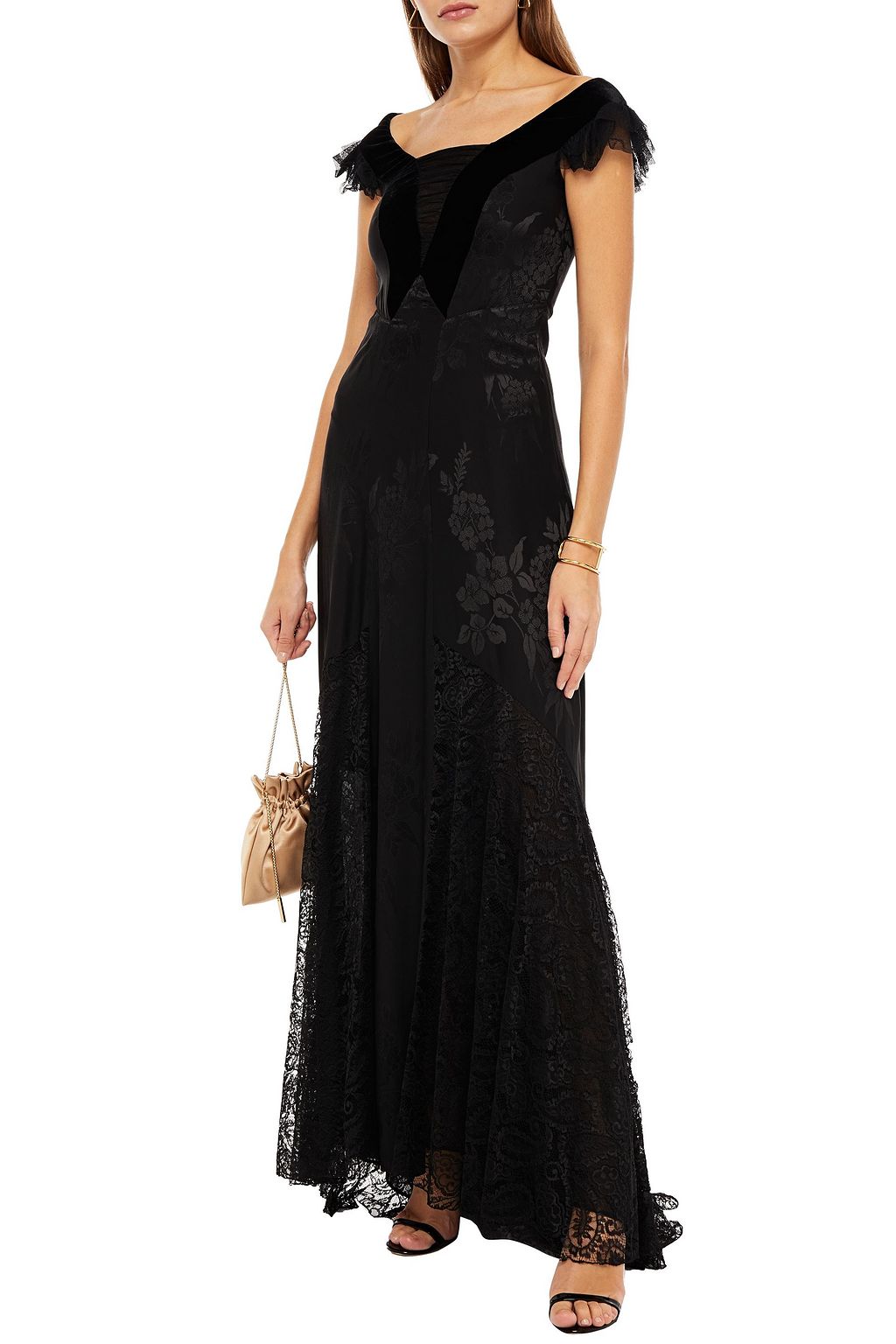 ETRO Velvet-trimmed ruffled lace, tulle and jacquard gown
