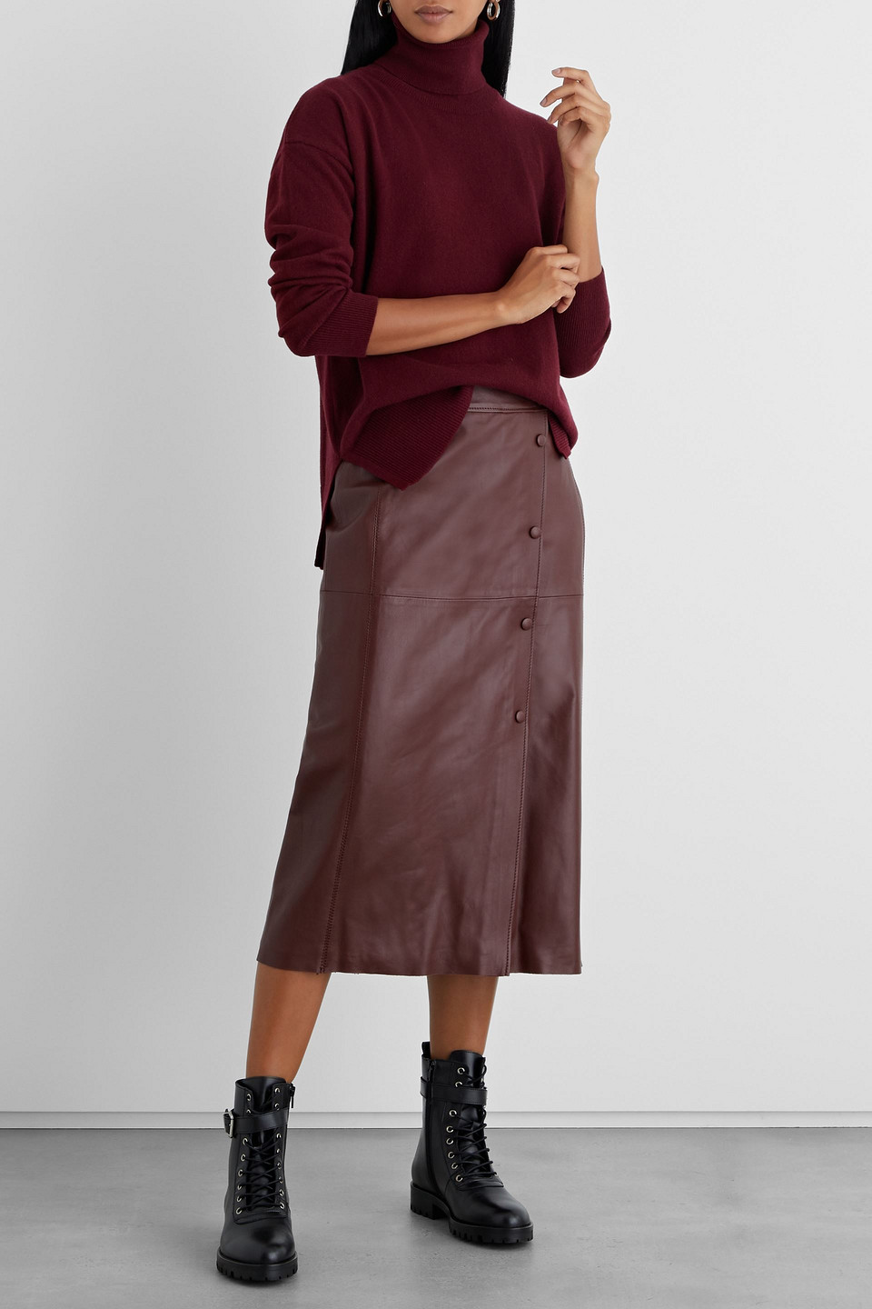 Iris & Ink Béatrice Wrap-effect Leather Midi Skirt In Burgundy