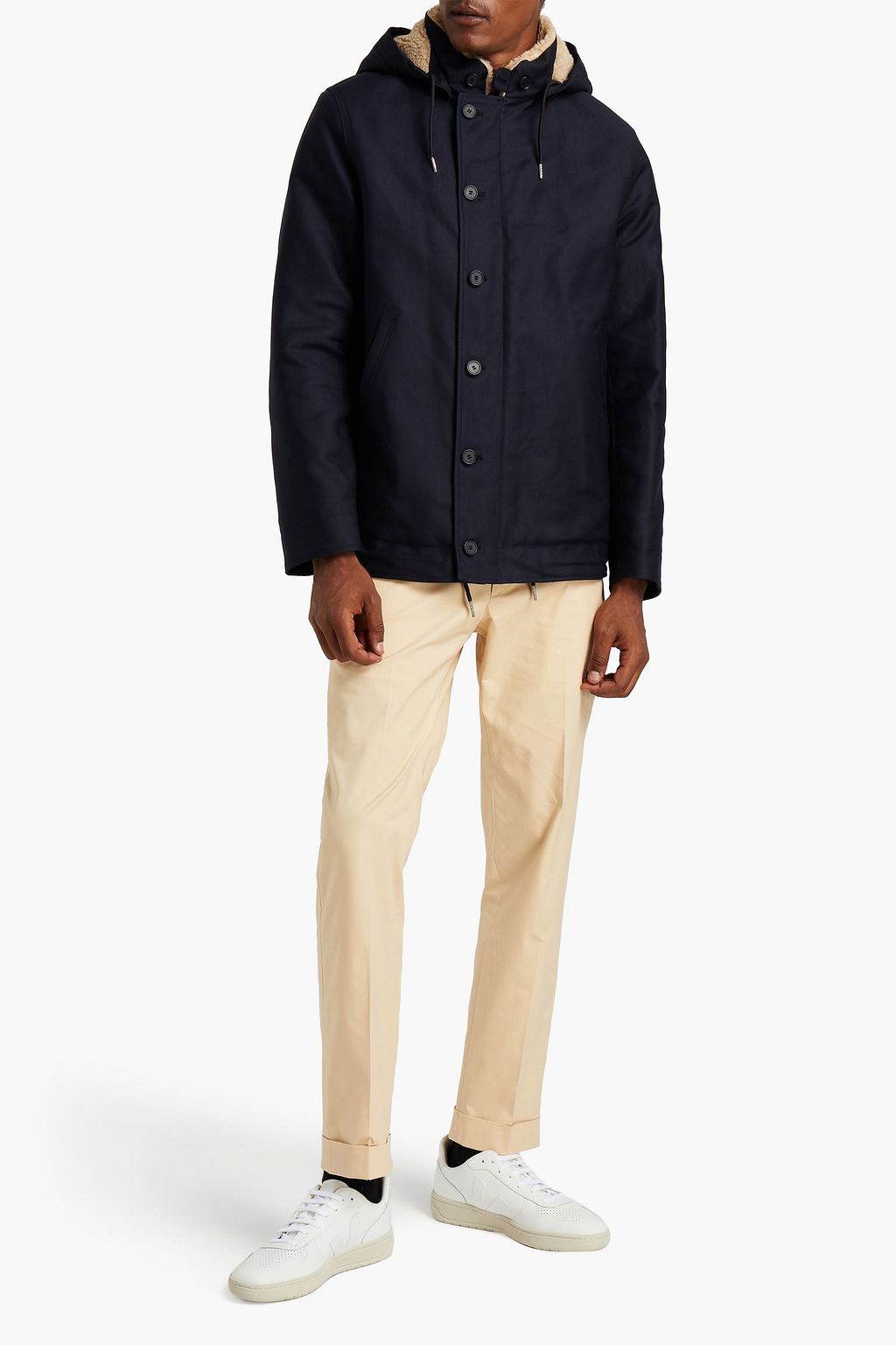 SANDRO Faux shearling-lined cotton-gabardine hooded jacket