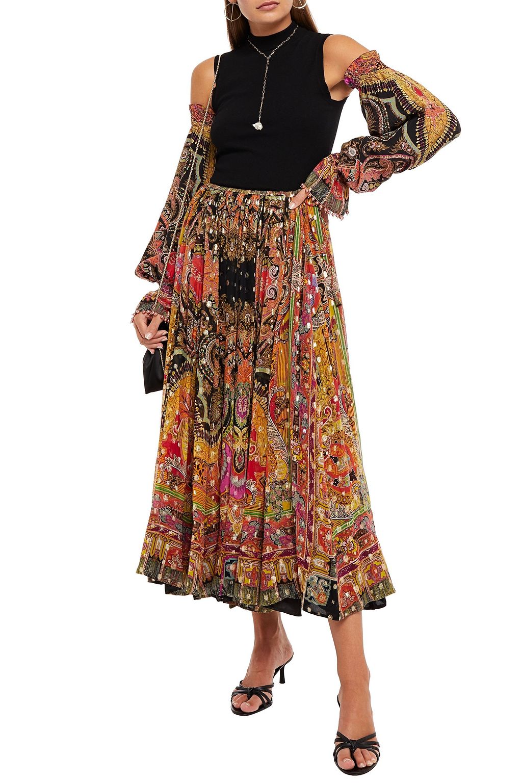 ETRO Printed metallic fil coupé silk-blend midi skirt and sleeves set