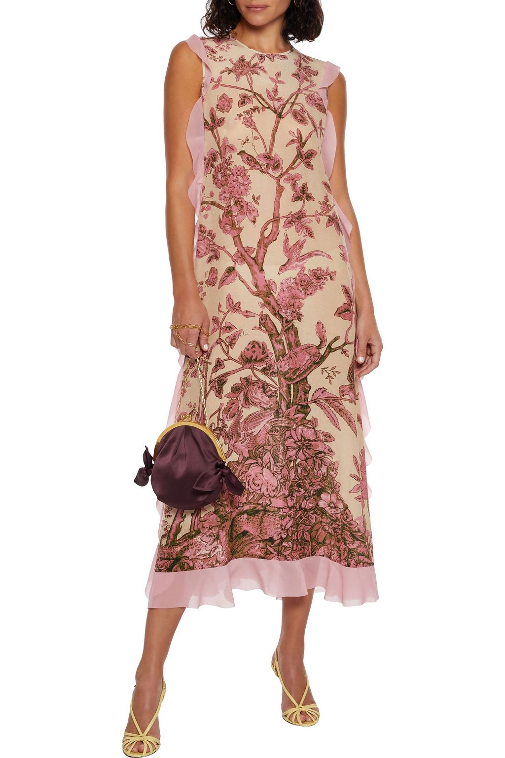 REDVALENTINO Ruffle-trimmed printed silk crepe de chine midi dress