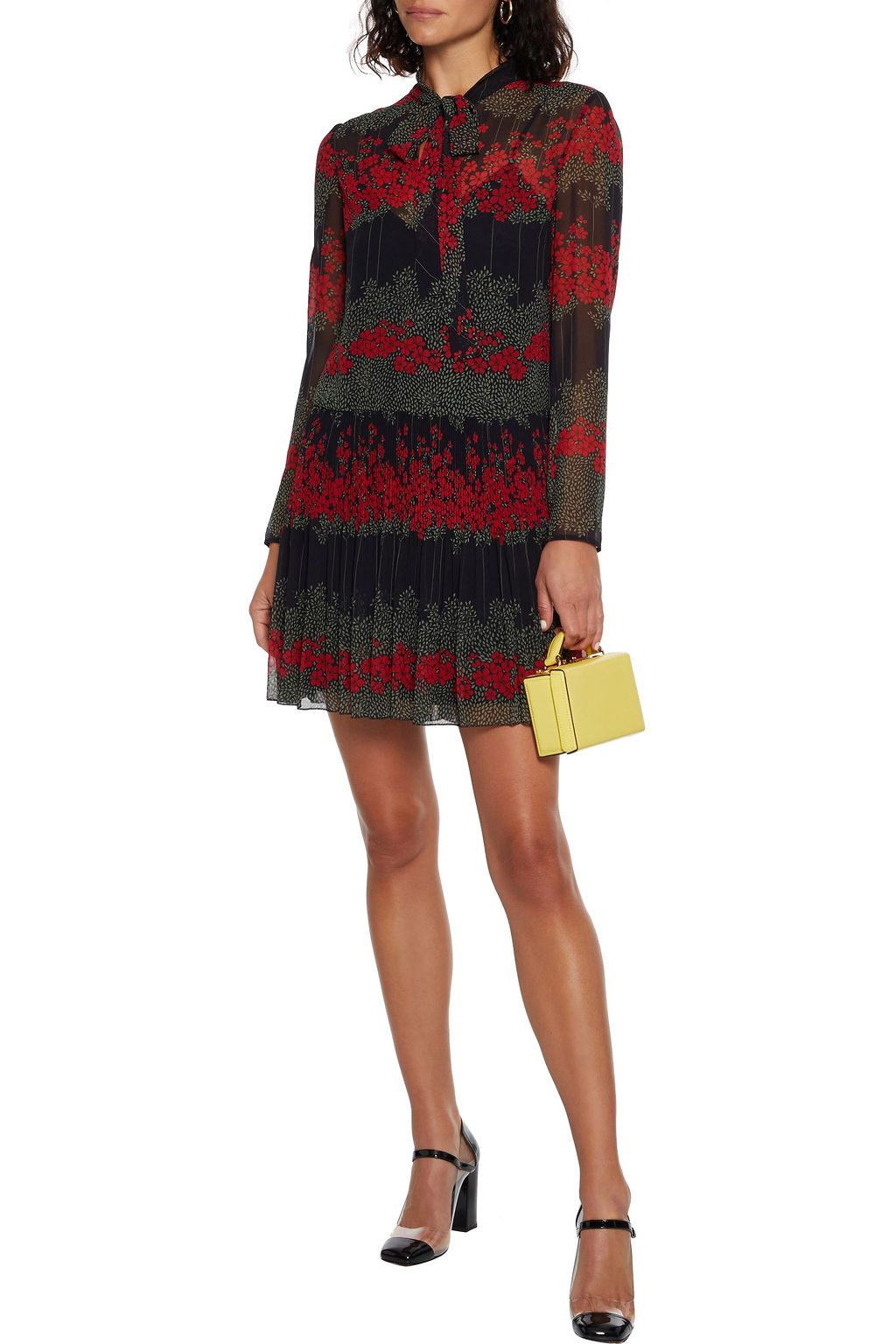 REDVALENTINO Minikleid aus Chiffon mit floralem Print, Schluppe und Falten
