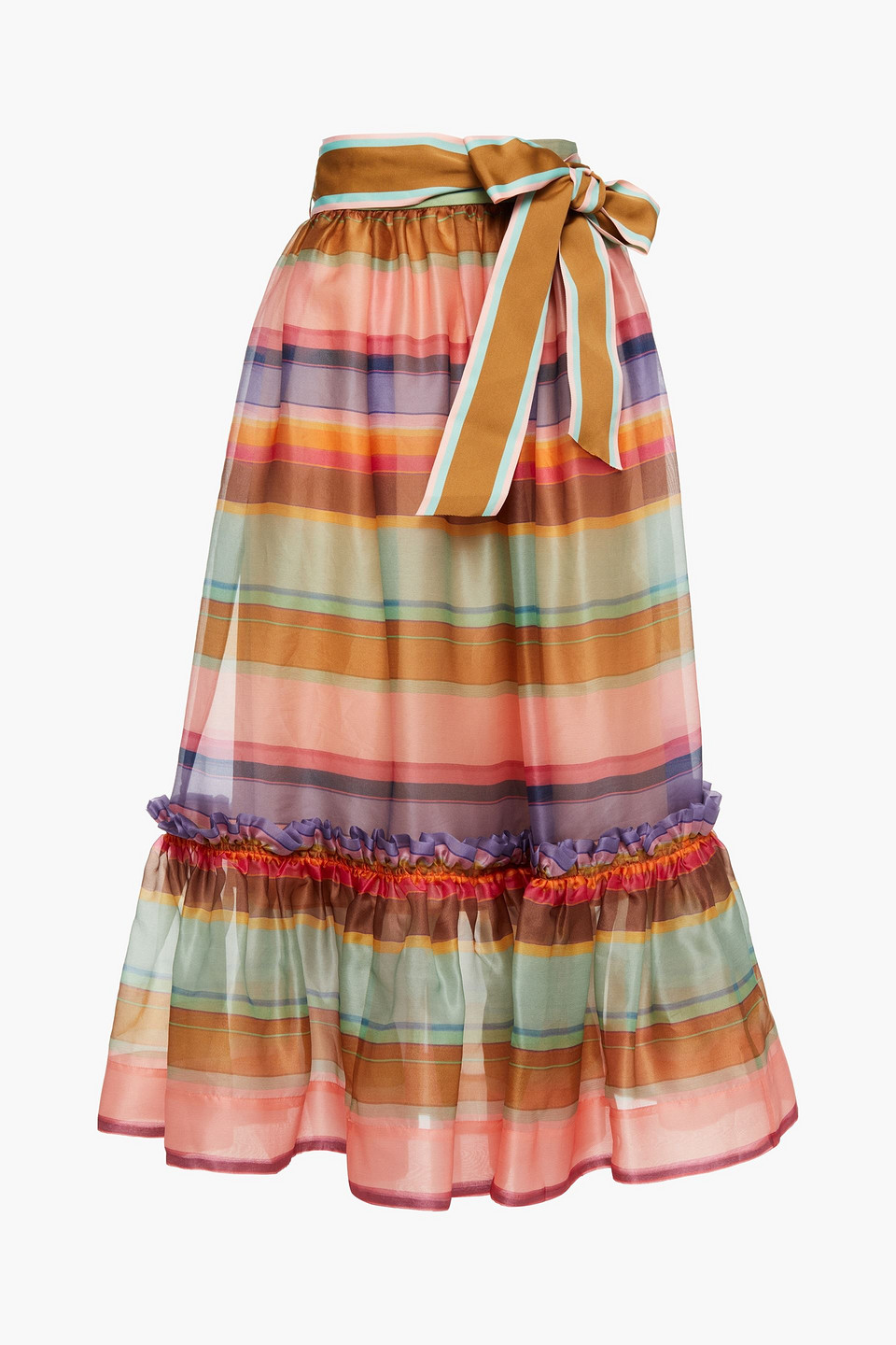 Gathered striped silk-organza midi skirt