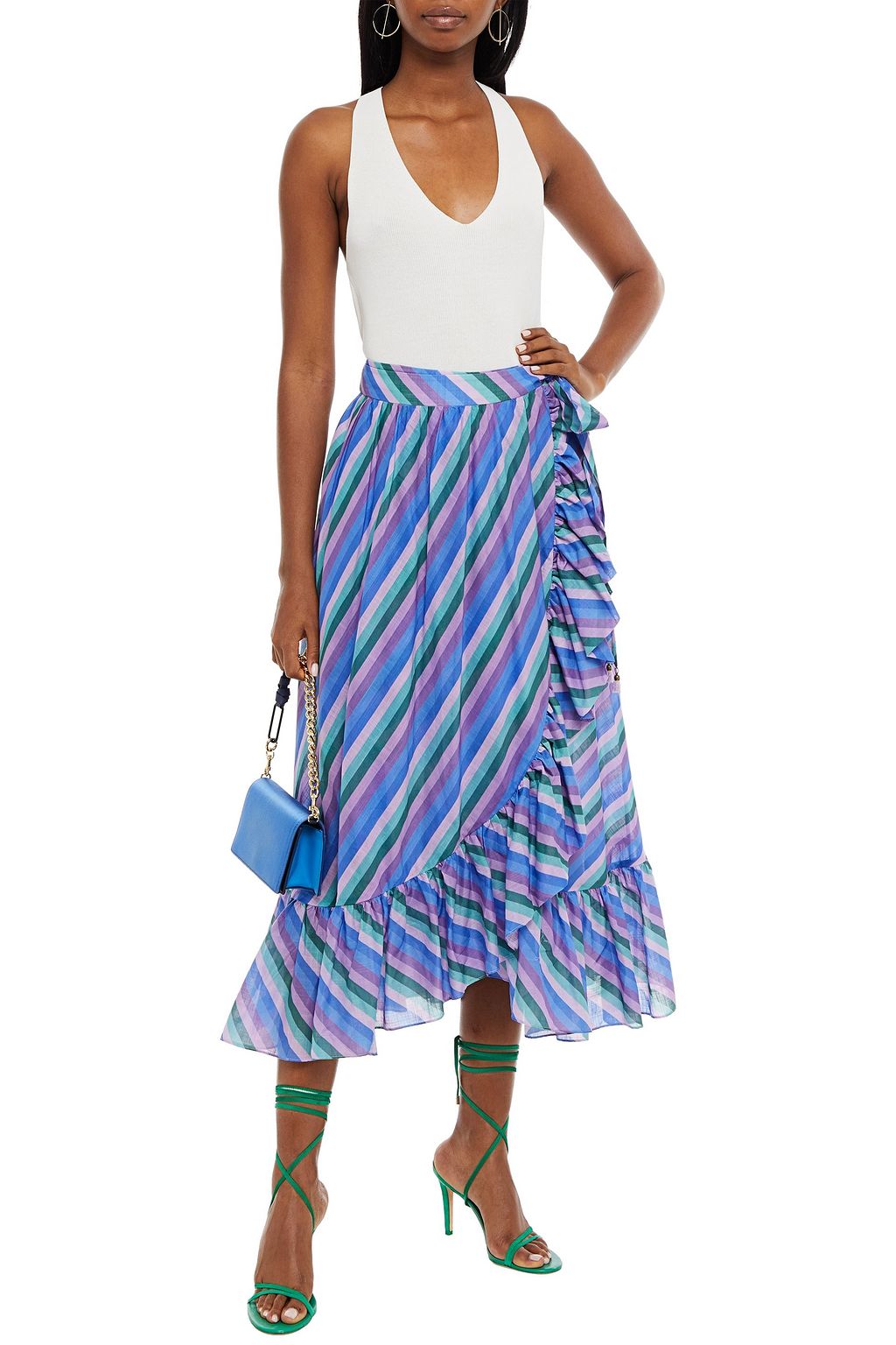 ZIMMERMANN Ruffled striped cotton midi wrap skirt