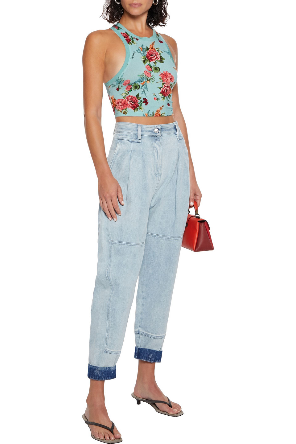 Alice And Olivia Melva Cropped Floral-print Jersey Tank In Turquoise