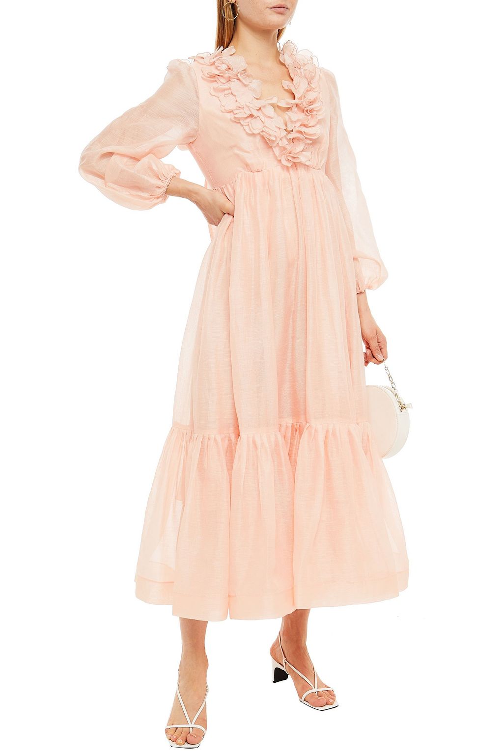 ZIMMERMANN Floral-appliquéd linen and silk-blend midi dress