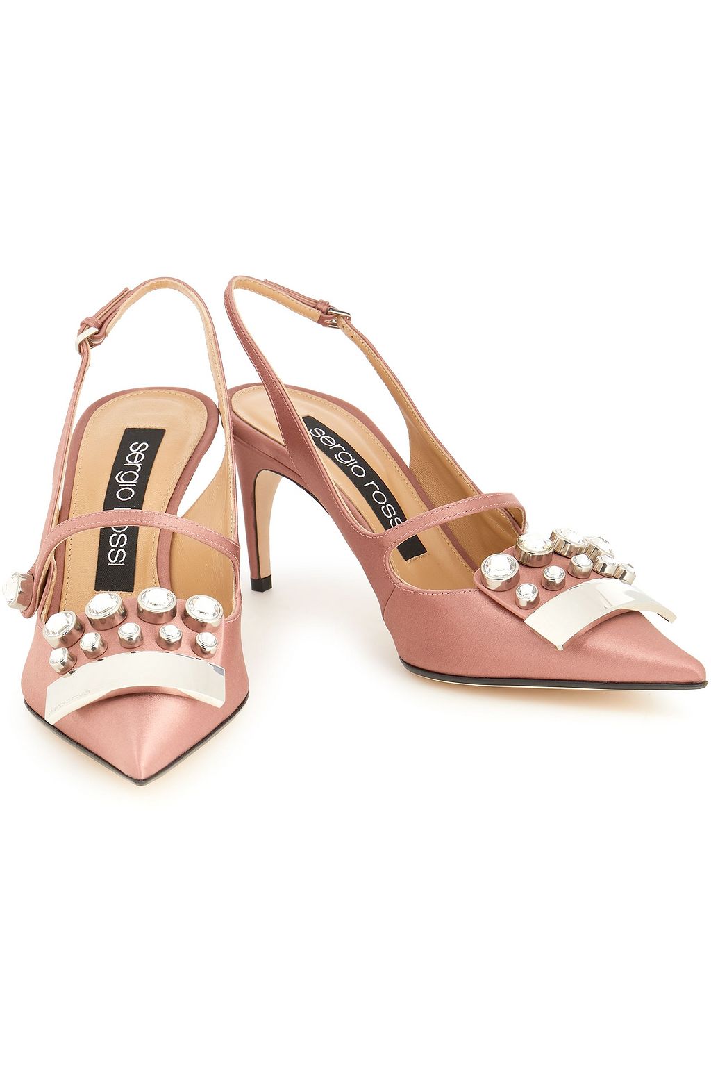 SERGIO ROSSI Crystal-embellished satin slingback pumps