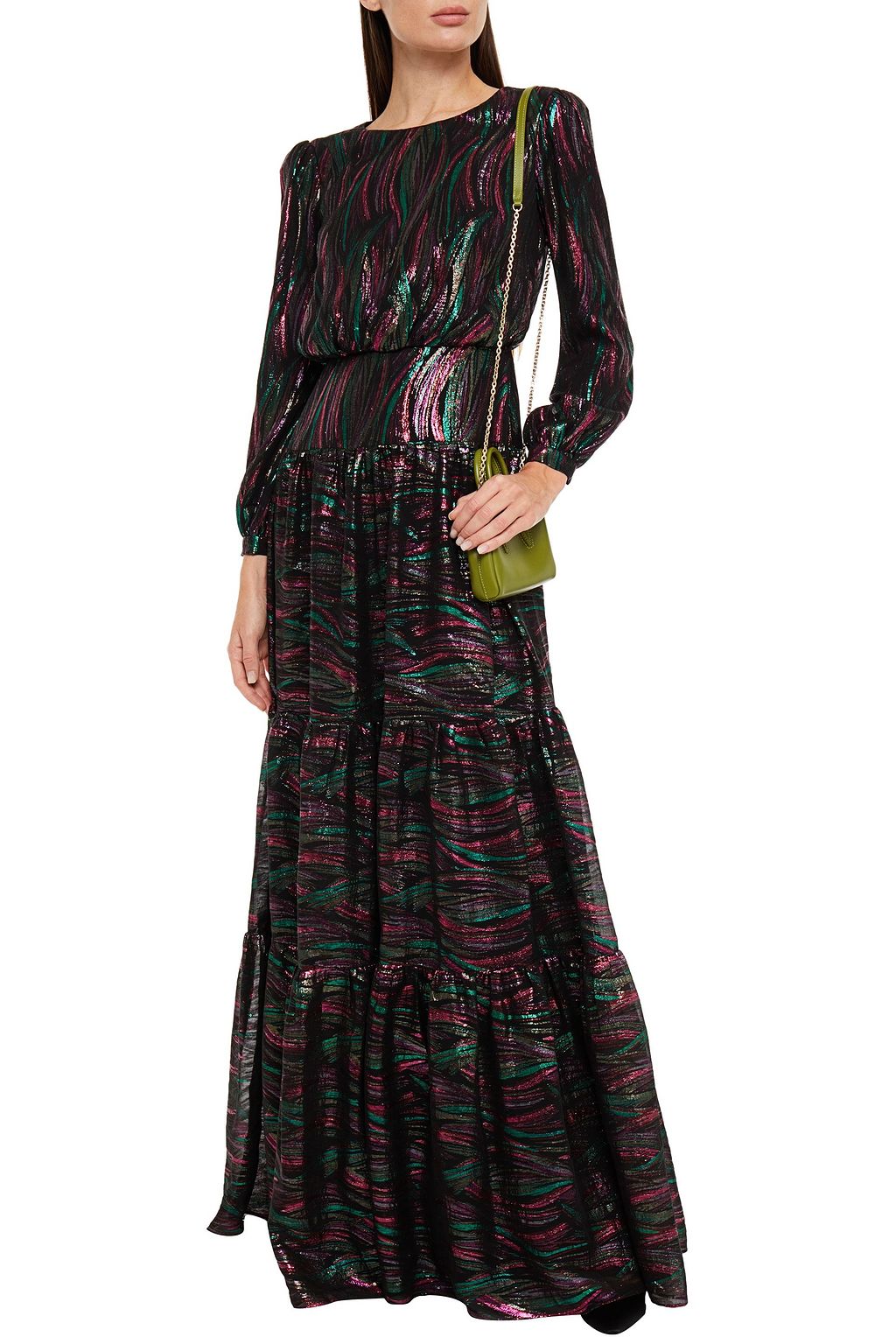 SALONI Tiered metallic silk-blend jacquard gown