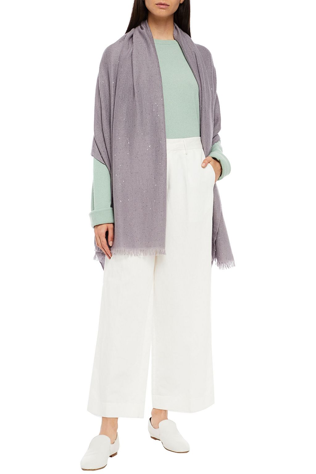 BRUNELLO CUCINELLI Frayed sequin-embellished cashmere and silk-blend scarf