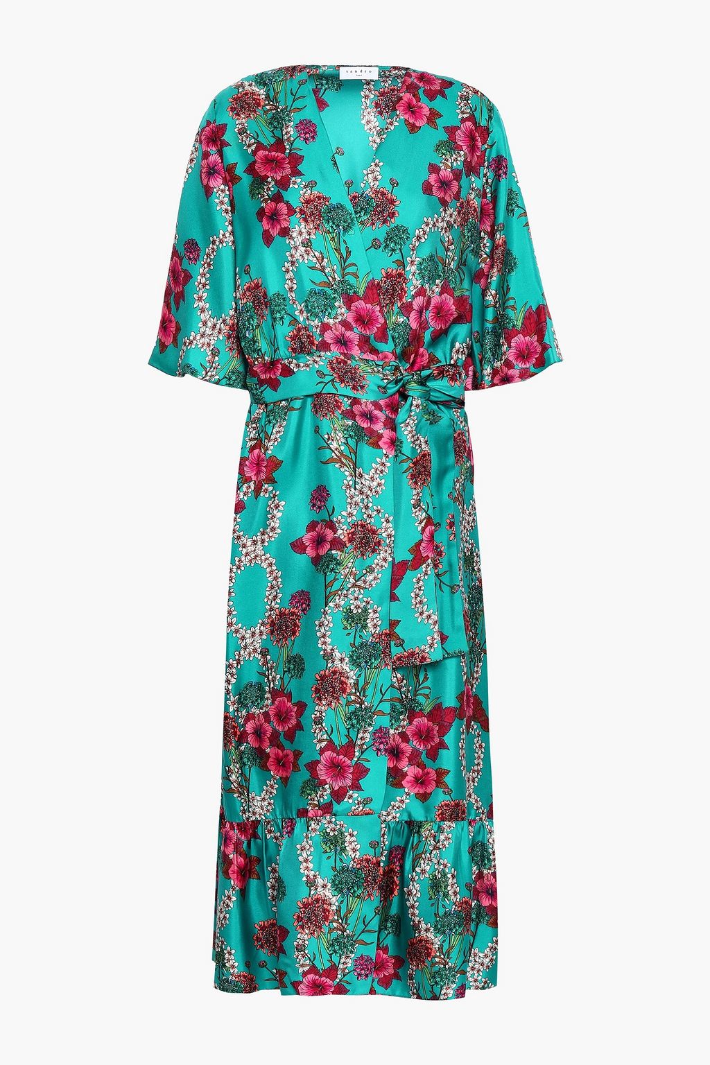 teal floral midi wrap dress