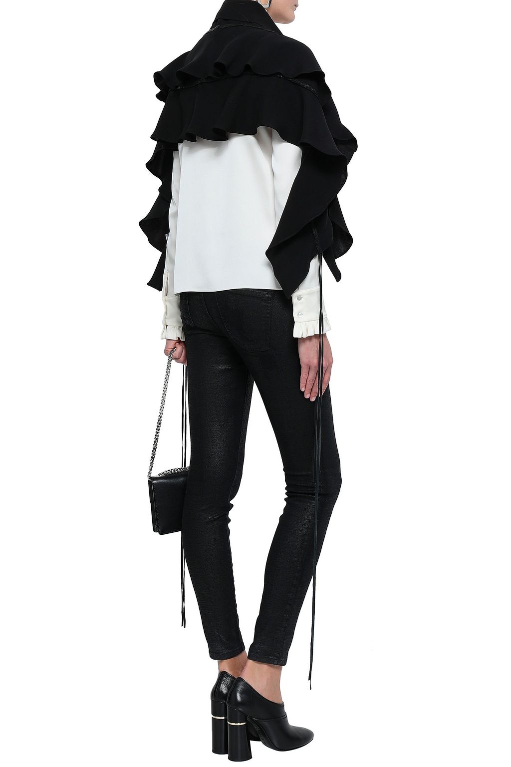 MAGDA BUTRYM Leather-trimmed ruffled silk crepe de chine cape
