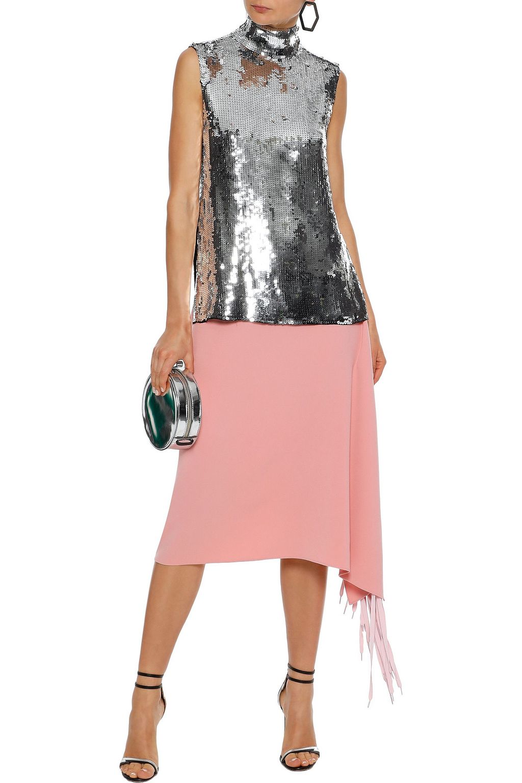 TIBI Draped fringed crepe midi skirt