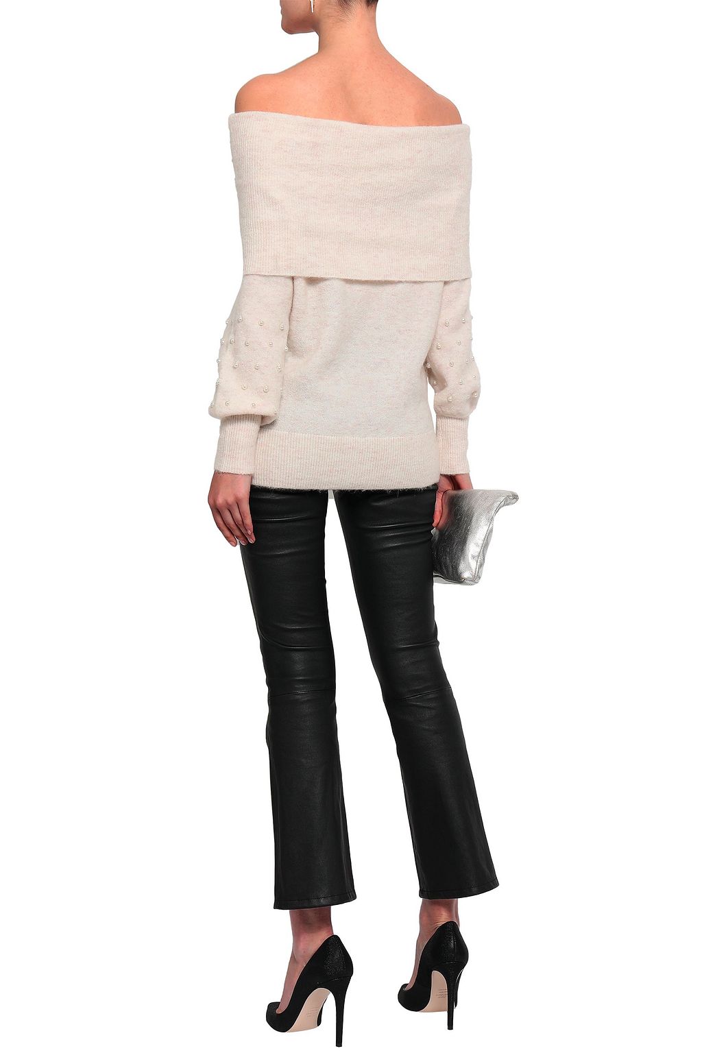 MICHELLE MASON Off-the-shoulder faux pearl-embellished brushed stretch-knit sweater