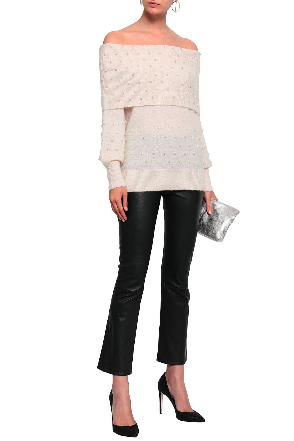 MICHELLE MASON Off-the-shoulder faux pearl-embellished brushed stretch-knit sweater