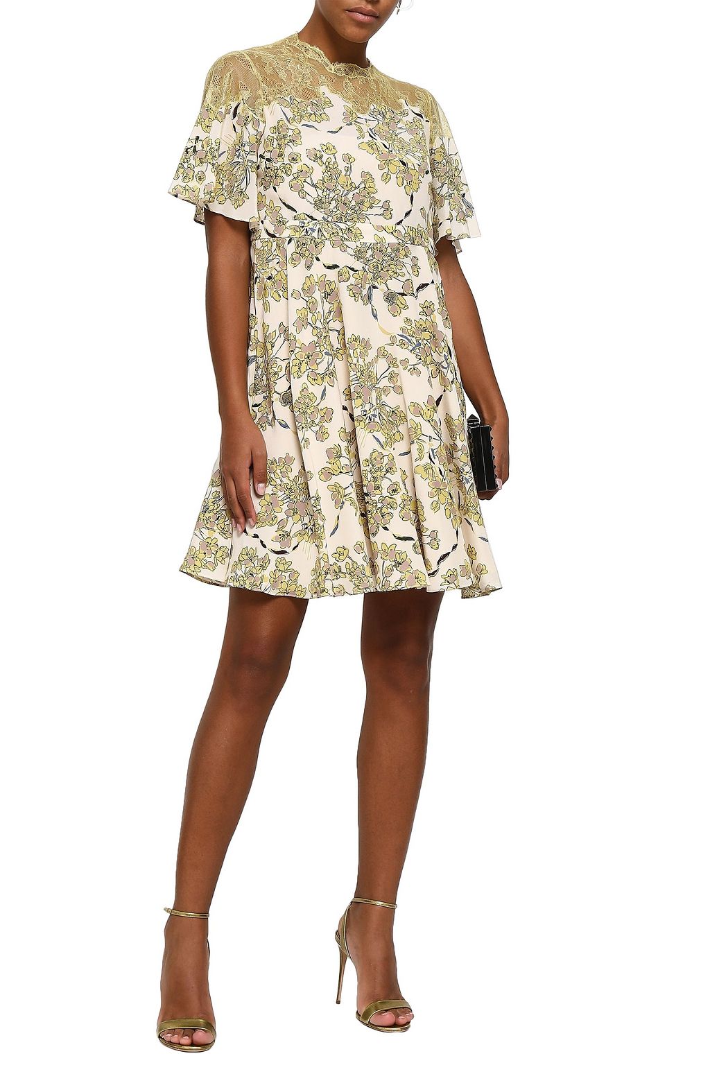 VALENTINO GARAVANI Lace-paneled floral-print silk crepe de chine mini dress