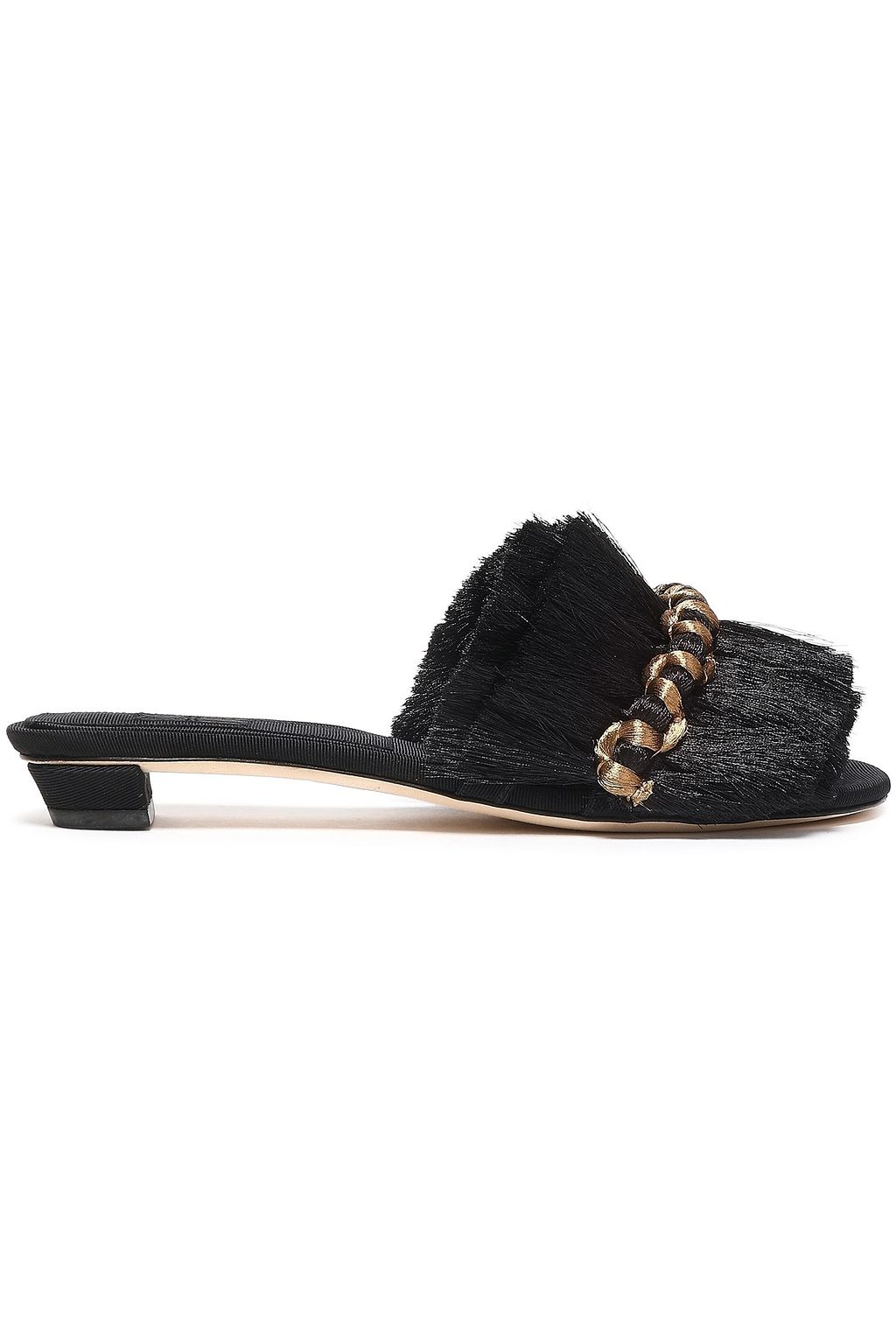 Black Fringed embroidered woven mules 