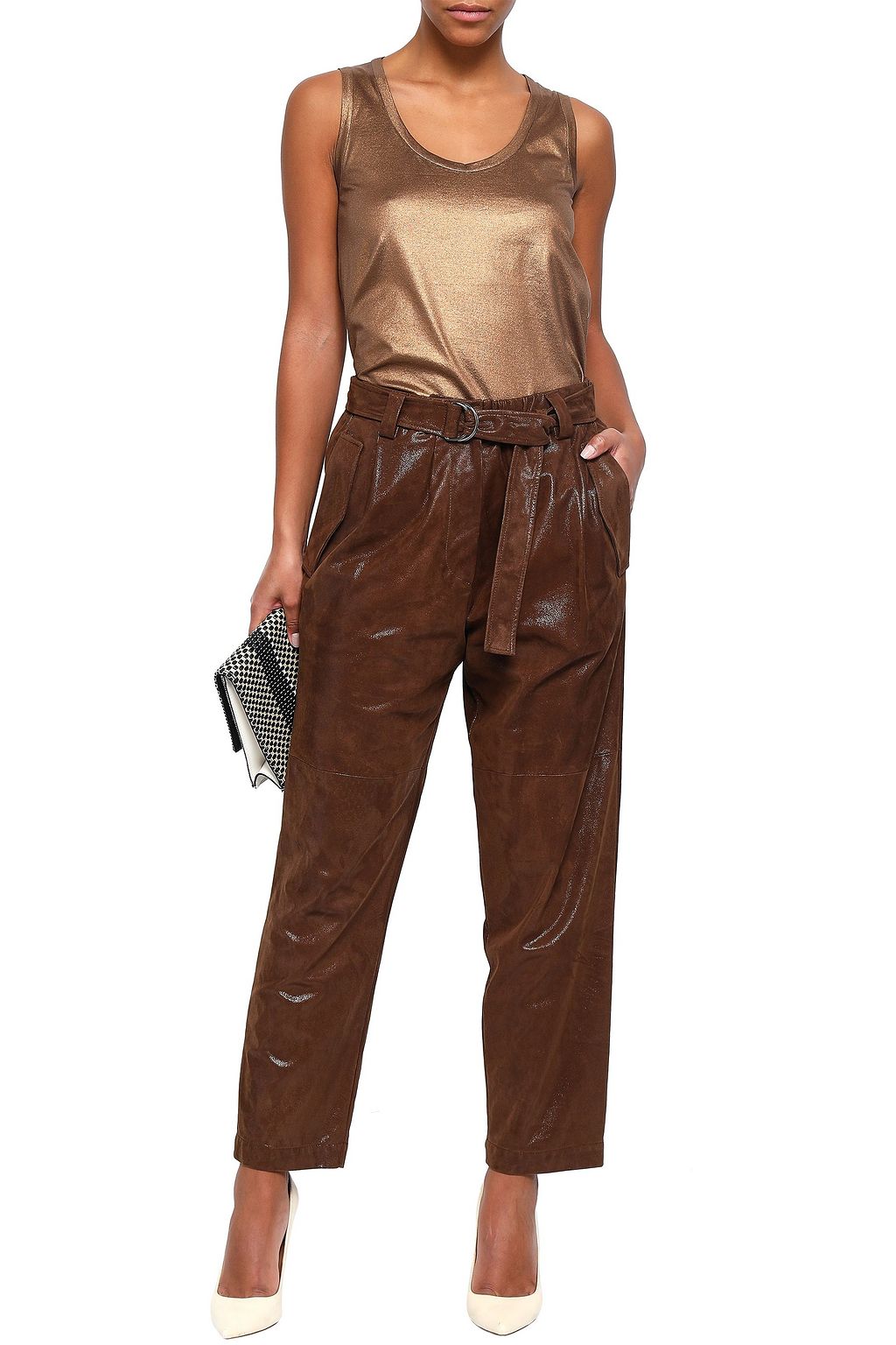 BRUNELLO CUCINELLI Bead-embellished metallic coated cotton-jersey tank