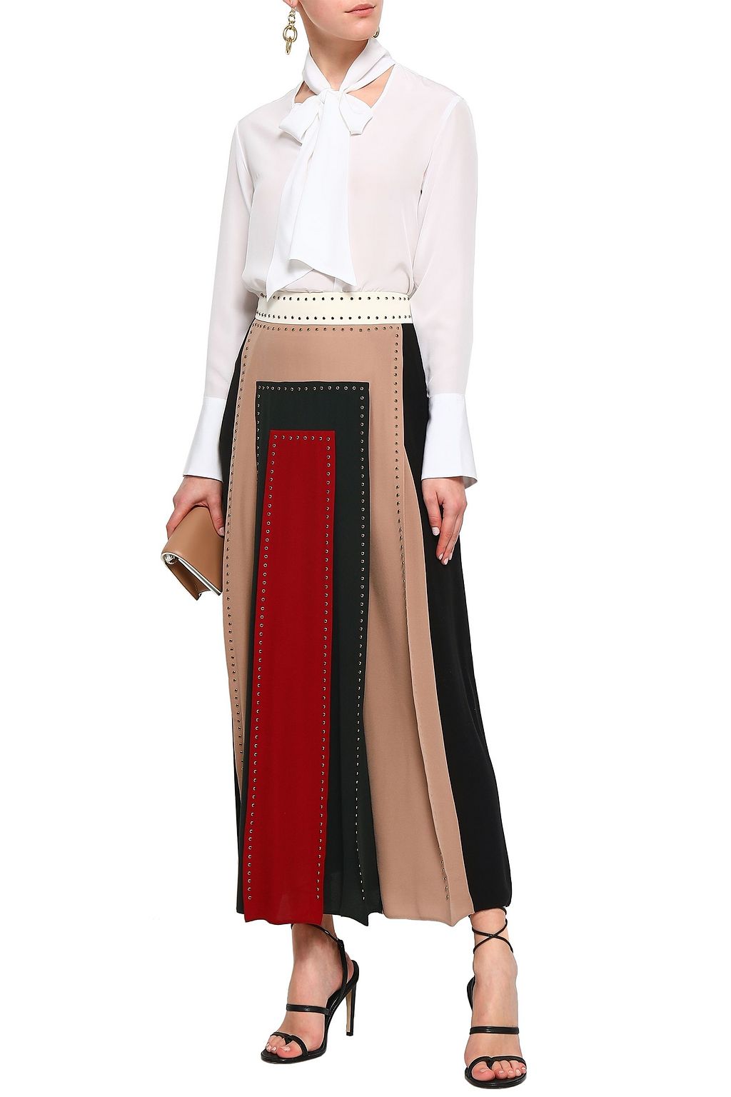 VALENTINO GARAVANI Studded color-block silk crepe de chine maxi skirt