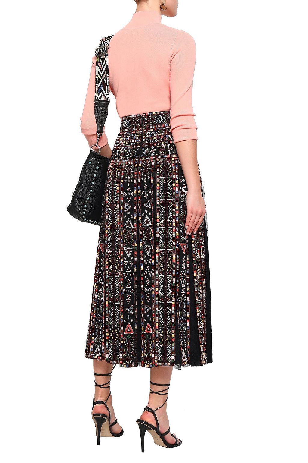 VALENTINO GARAVANI Embellished pleated point d'esprit-paneled woven midi skirt