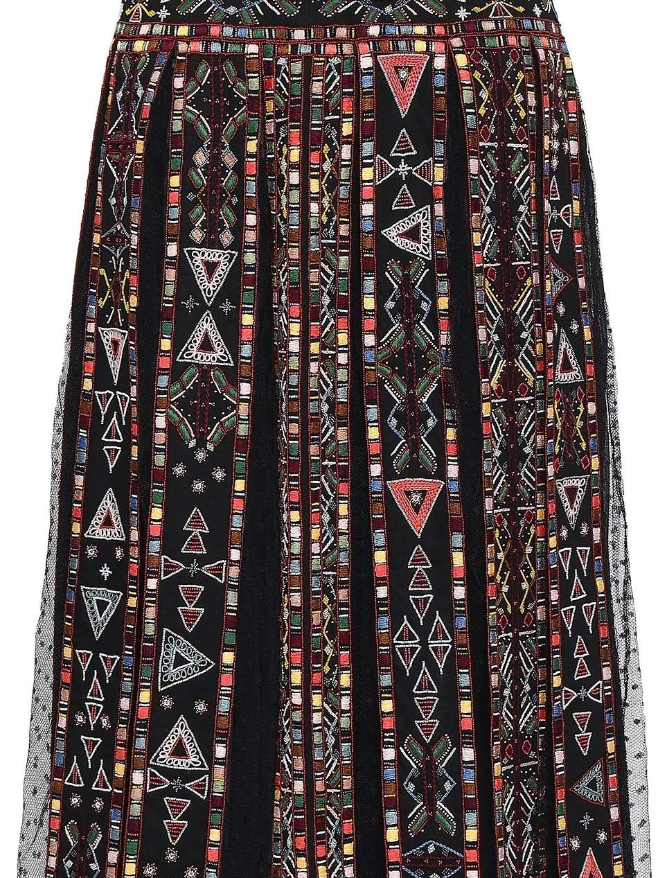 embellished pleated point d'esprit-paneled woven midi skirt