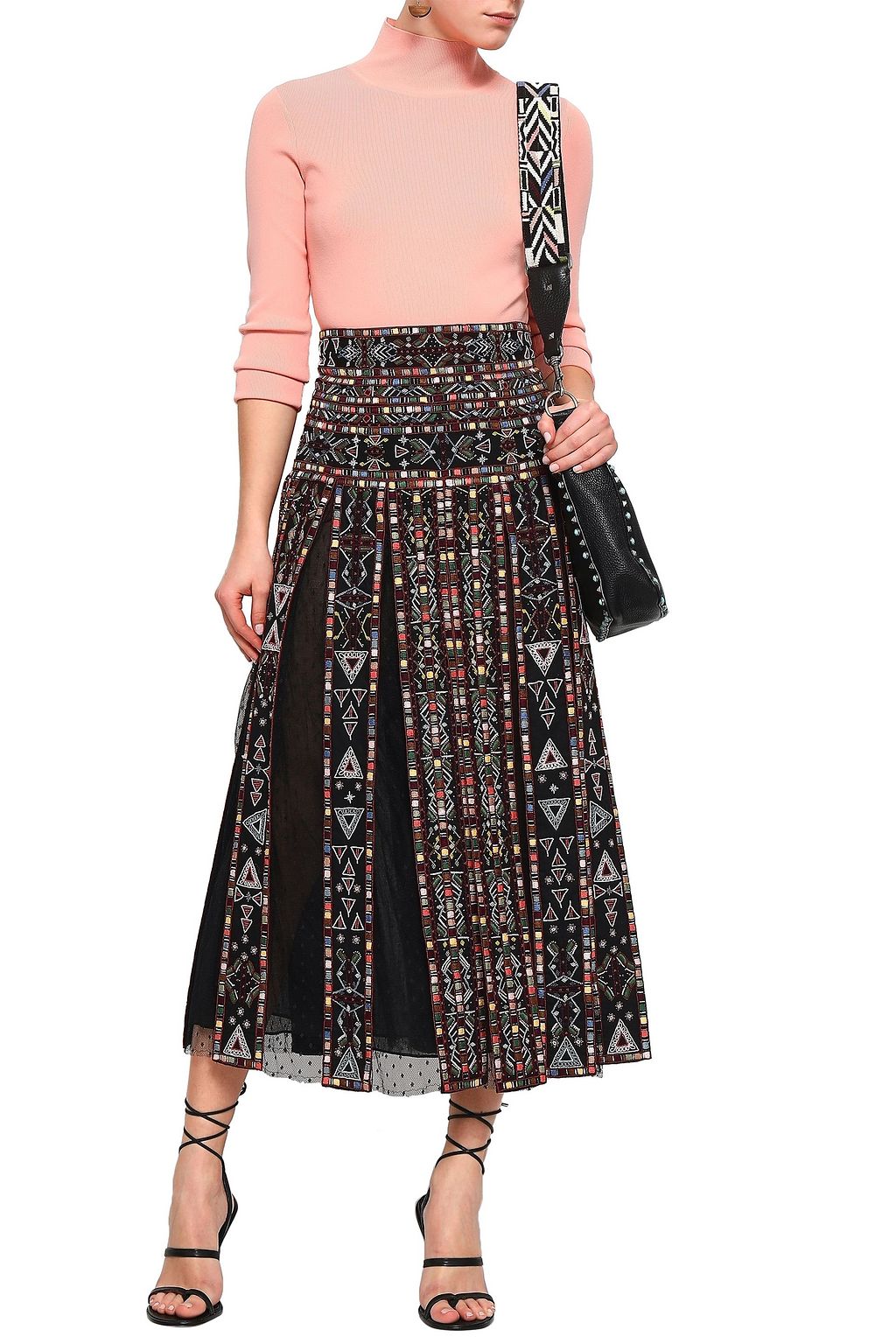 VALENTINO GARAVANI Embellished pleated point d'esprit-paneled woven midi skirt