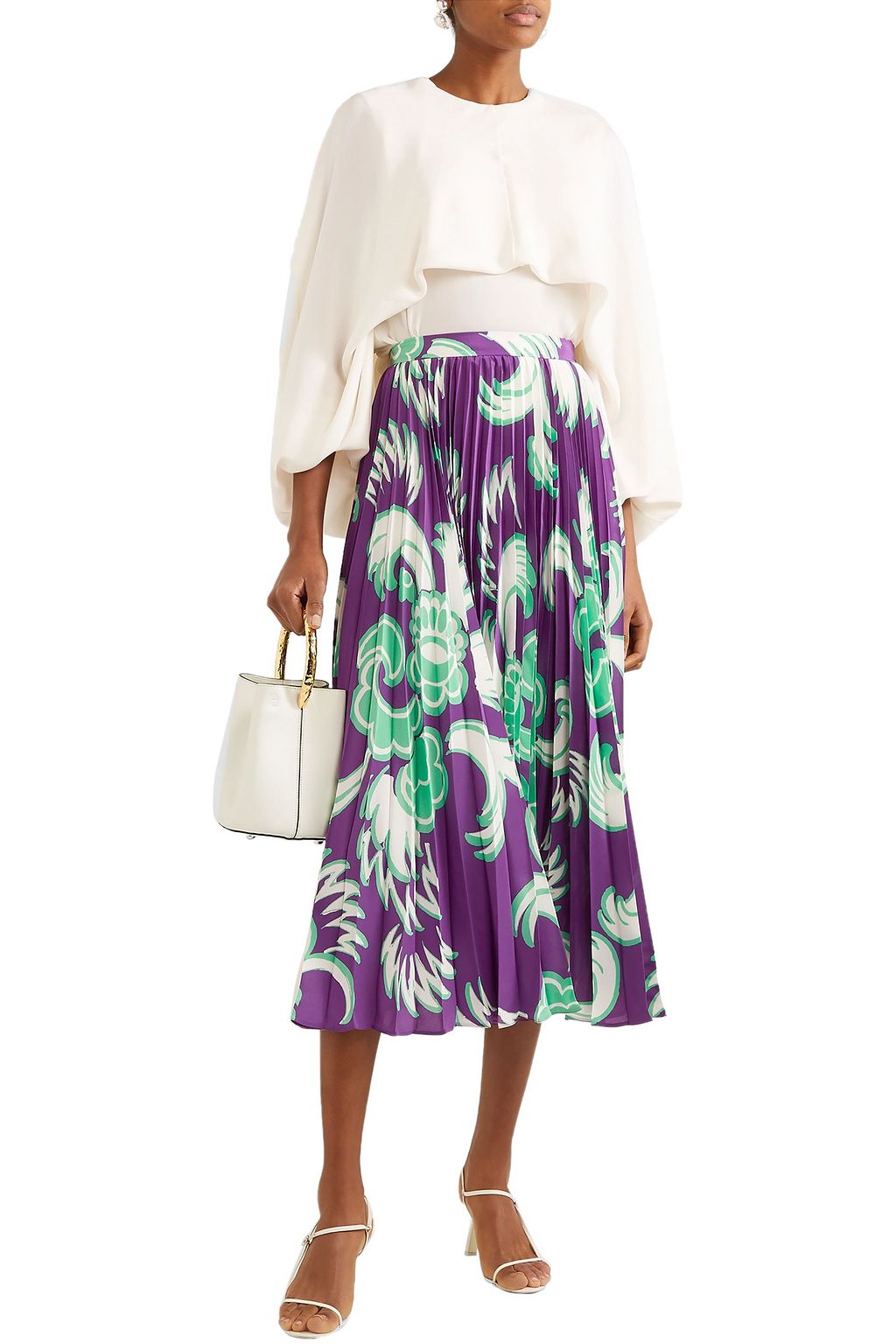 VALENTINO GARAVANI Pleated printed silk-crepe midi skirt