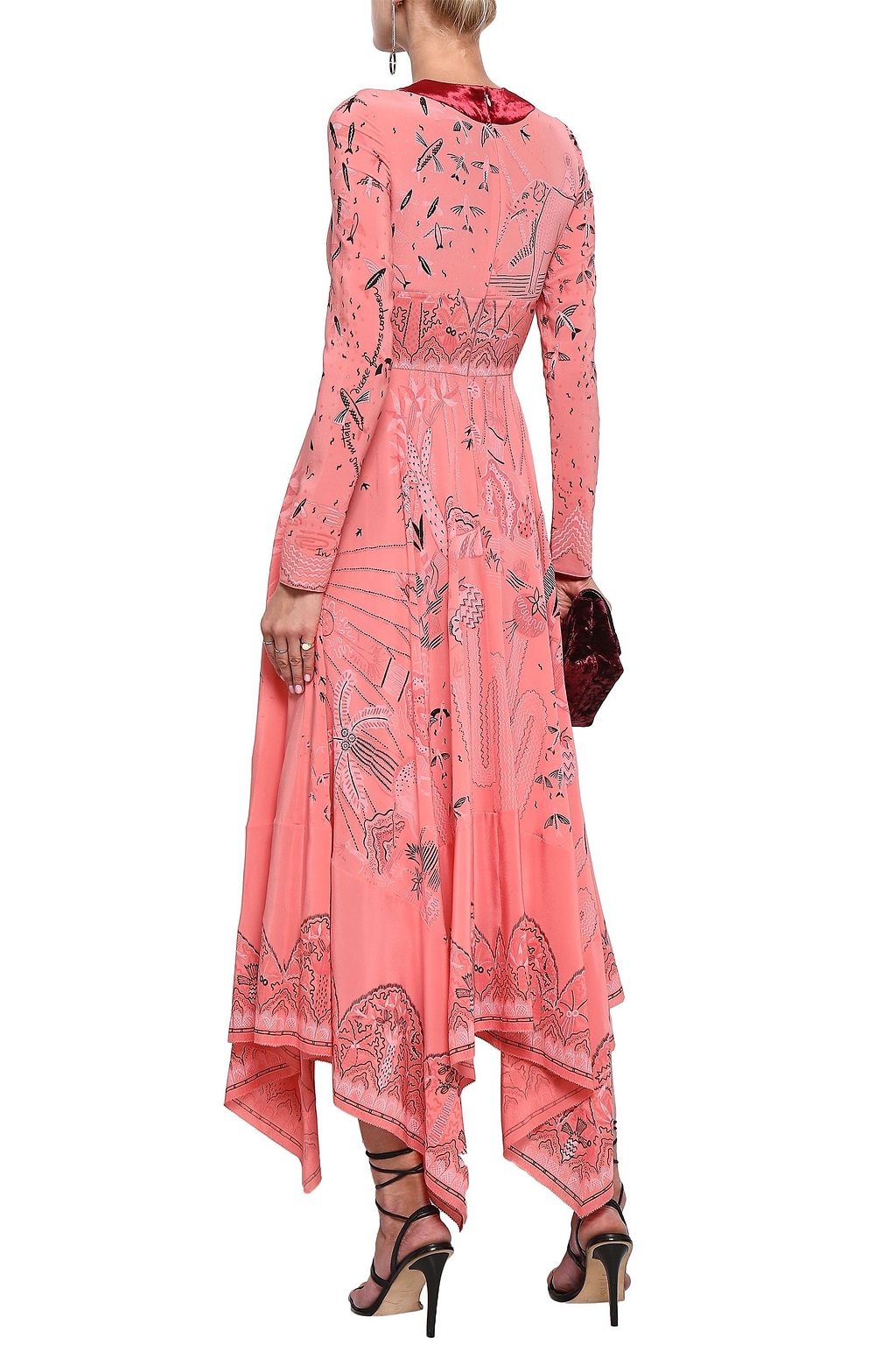 VALENTINO GARAVANI Velvet-paneled printed silk crepe de chine midi dress